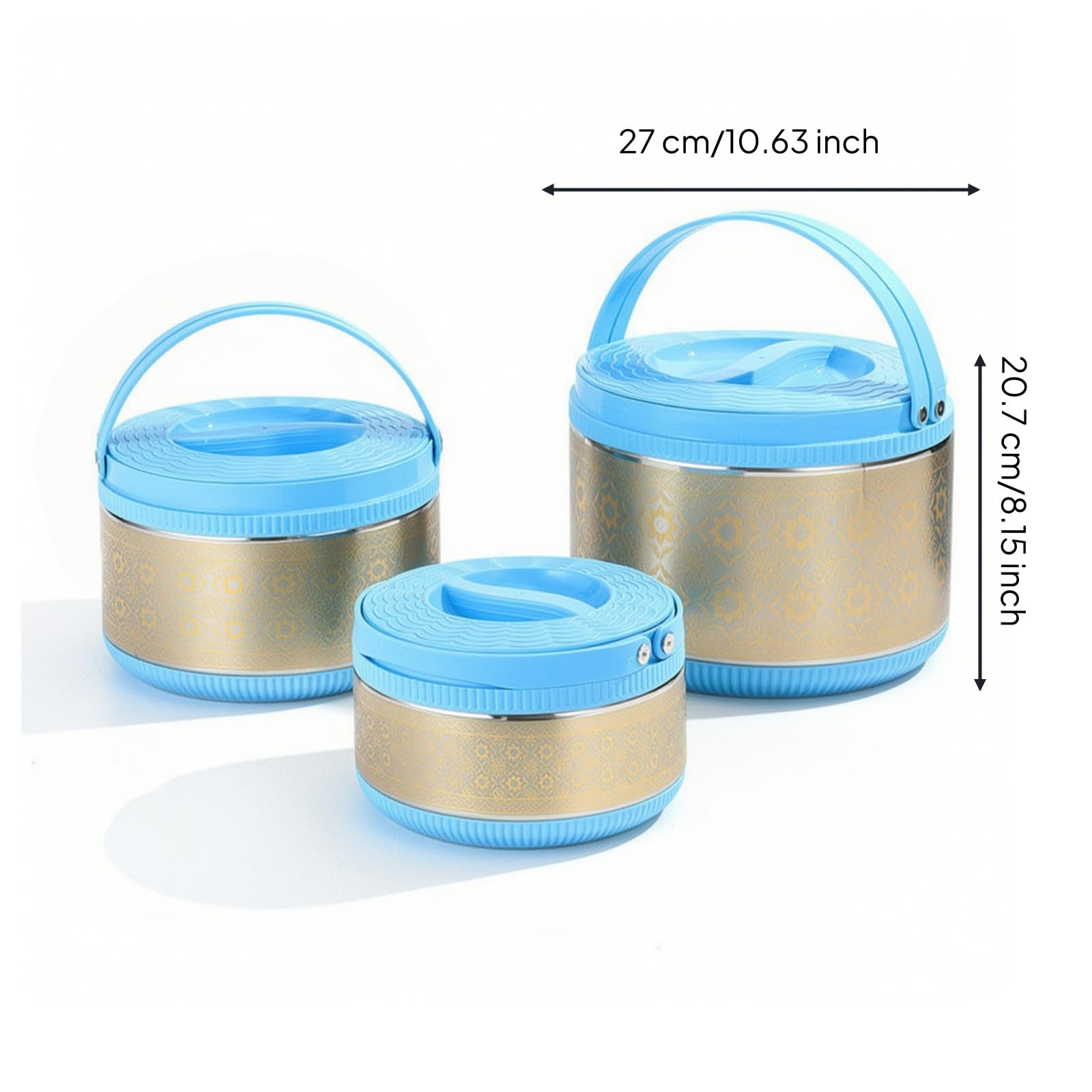 3 Pezzi Contenitore Termico con Manico Isolato Portavivande con Manico a Doppia Parete Portavivande Termico per, Blu Con Fiori Dorati, Set Da Tre Pezzi Blu Con Fiori Dorati