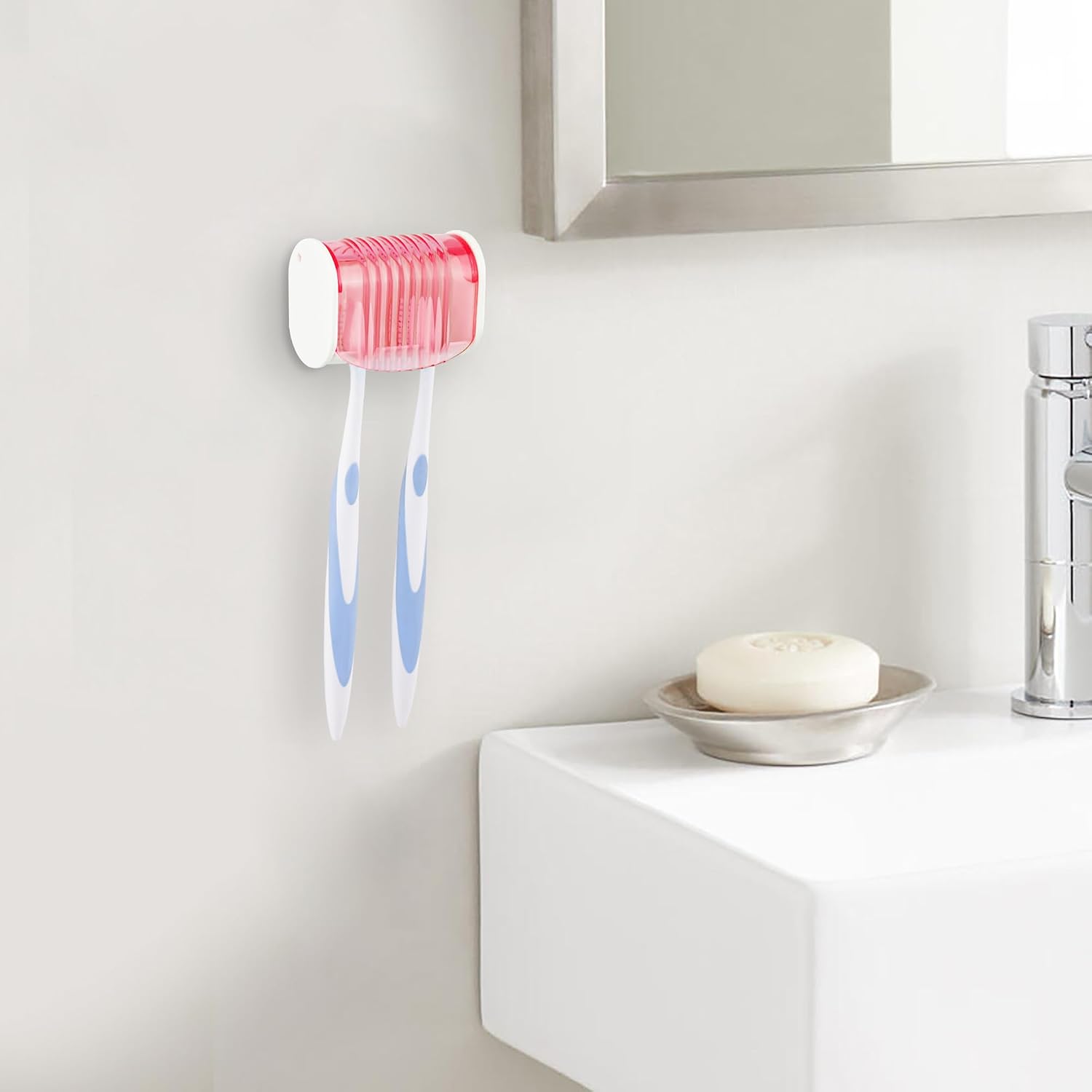 1 Pack Toothbrush Holder Wall Mounted with Cover for Bathroom, 2 Slots Toothbrush Storage Organizer for Shower, Self Adhesive Toothbrush Hanger (Pink)