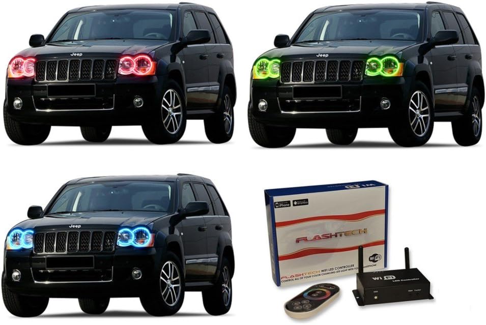 Flashtech RGB LED Halo Ring Accent Light Kit Compatible with Jeep Grand Cherokee (2005-2010) Headlight Housings - App + RF Remote