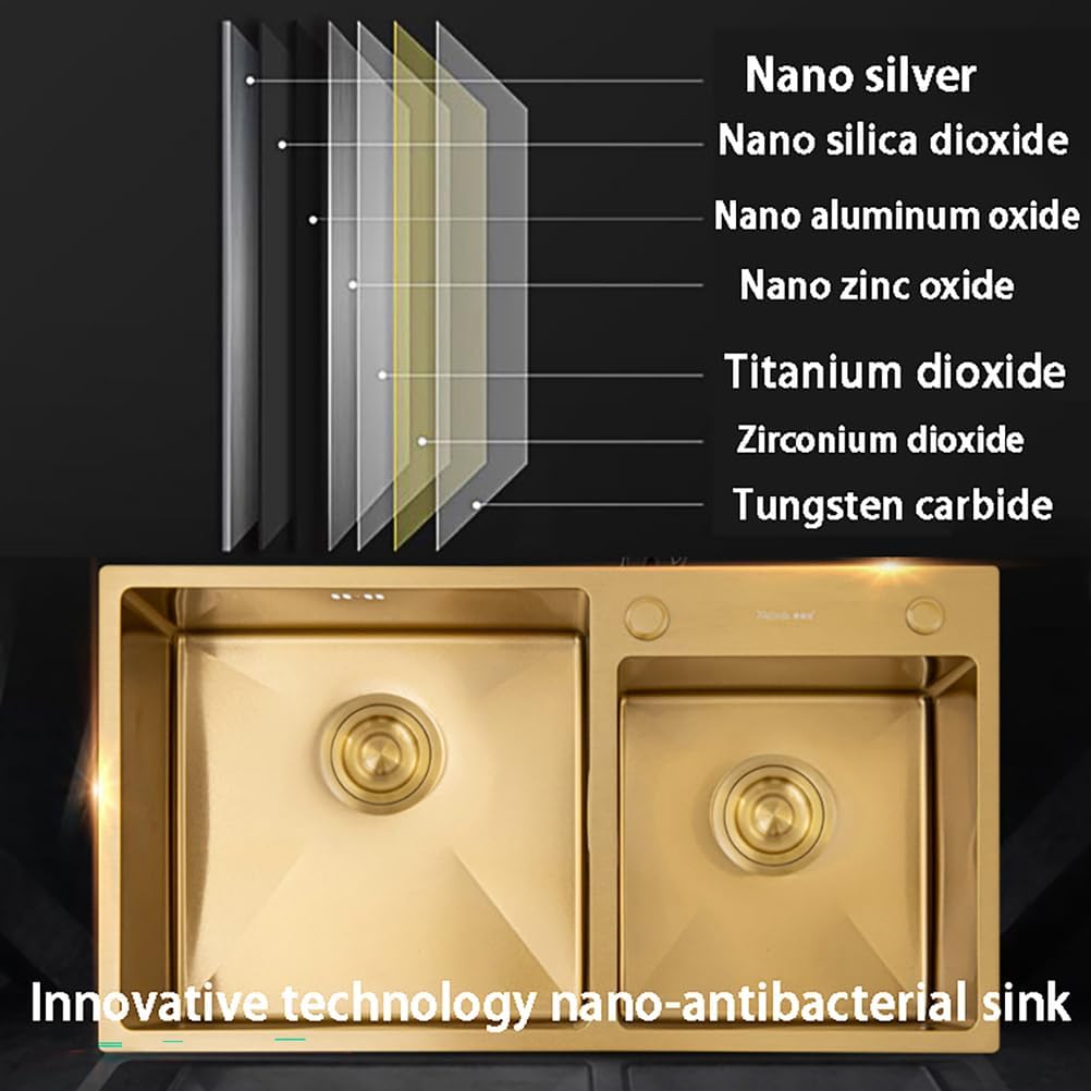 30*16 in Gold Double Bowl Kitchen Sink Stainless Steel Nano-Coated,Drop in Gold Kitchen Sinks,Topmount Large And Deep Workstation Sink,with Pull-Out Fauce,Accessories,Gold,30.71*16.93*8.66in