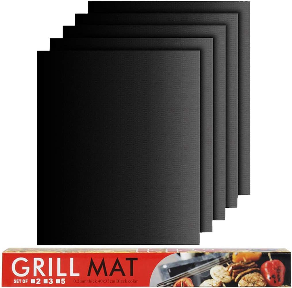 Meegoo 5 Set of 5-Heavy Duty 100% Non-Stick BBQ Grill Mats, 15.75 x 13-Inch, Black