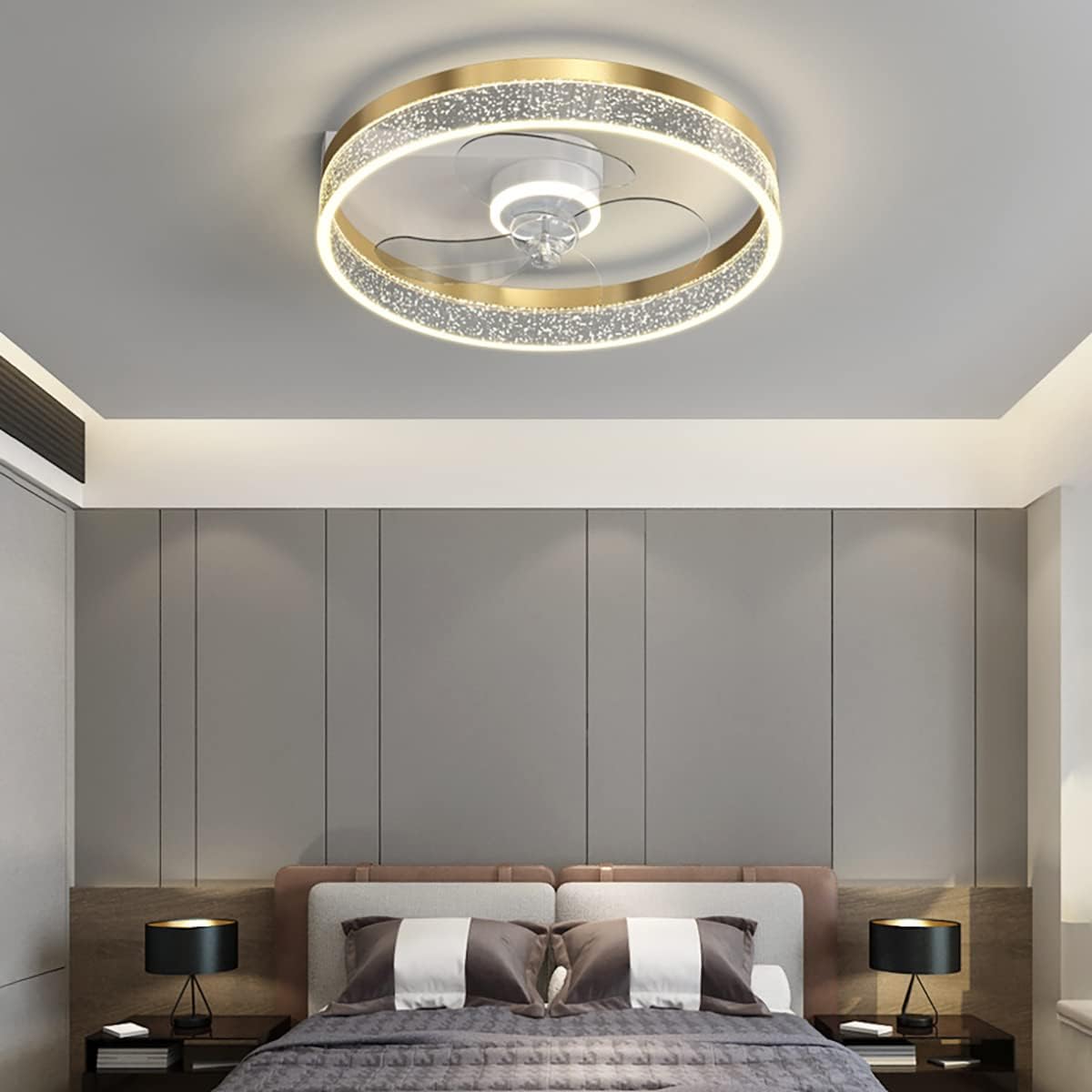 YUEGOO Led Reversible Fan Ceiling Light Living Room Mute 6 Speeds 40W Fan Light Ceiling Bedroom Dimmable Modern Invisible Ceiling Fans with Lights and Remote Control/D