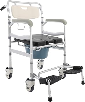 Bedside Commode Chair 380lbs Rolling Commode Shower Chair, 36-38 Height Adjustable Transport Wheelchair for Disabled Adult Elderly Senior Handicap Padded Mobile Toilet Chair Black