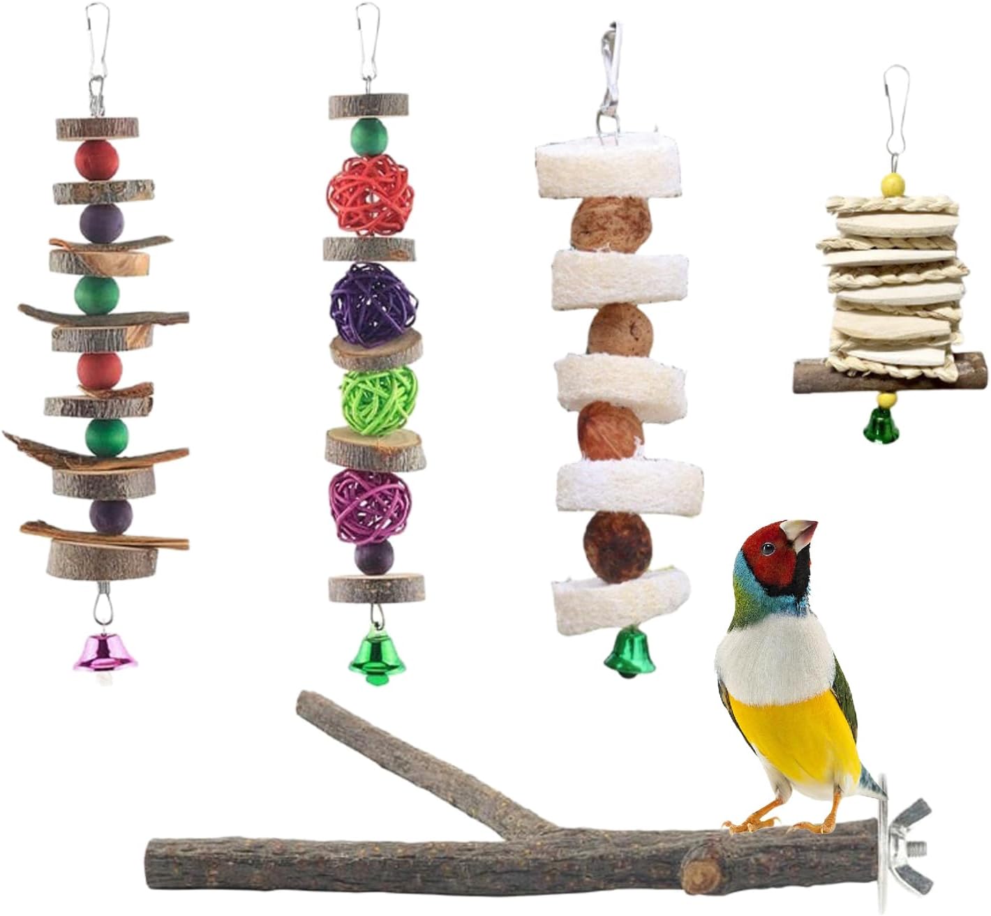 Bird Toys for Parakeets | Wooden Chewing Cage Accessories, Natural Chew Toys Perch Stands - for Finches Lovebirds Cockatoos Cockatiels Conures Parakeet Budgerigar Mynah Macaws