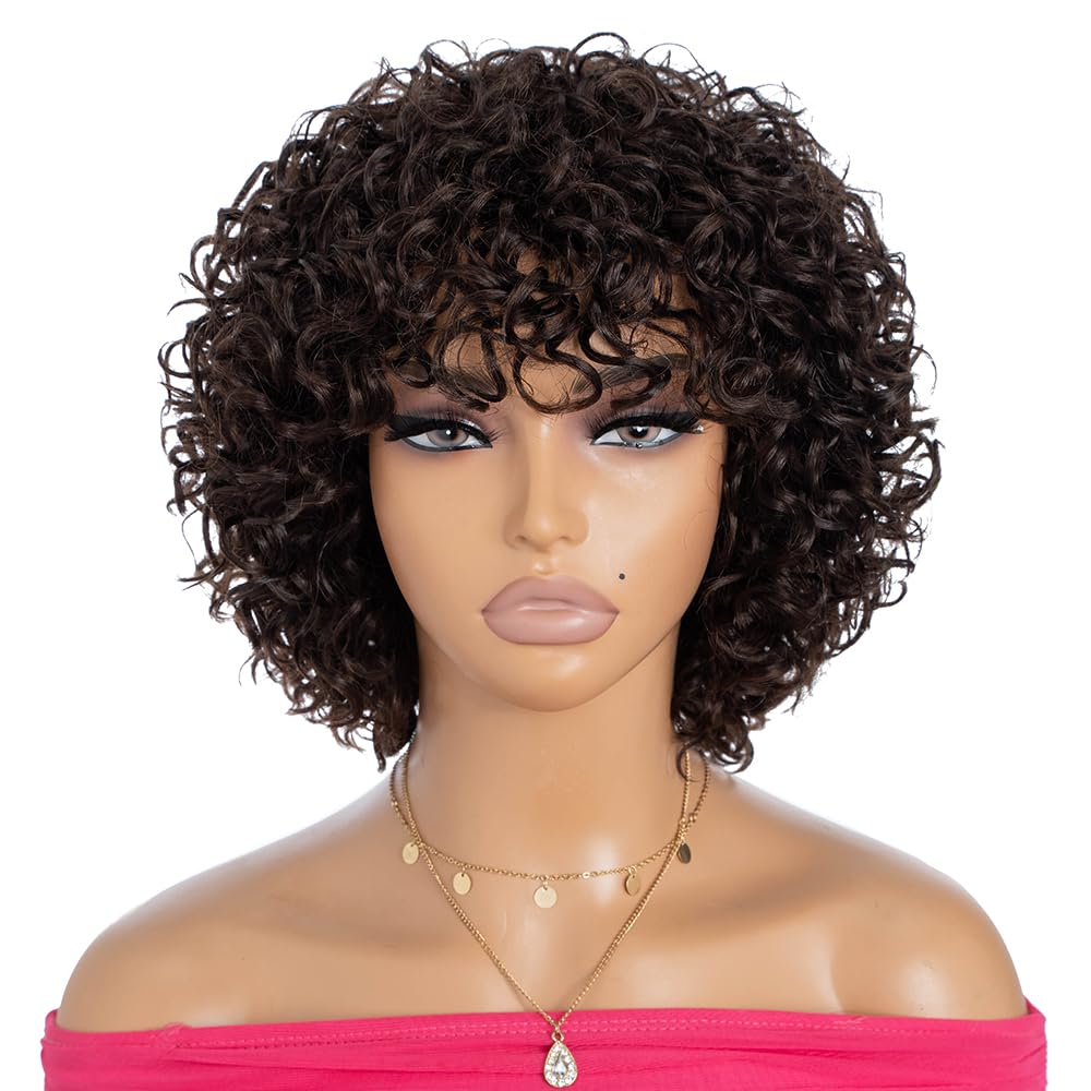 Rebecca Fashion 8 Inch Chocolate Brown Curly Wigs for Black Women Human Hair Short Curly Wigs with Bangs 10A Brazilian Virgin Human Hair 150% Density