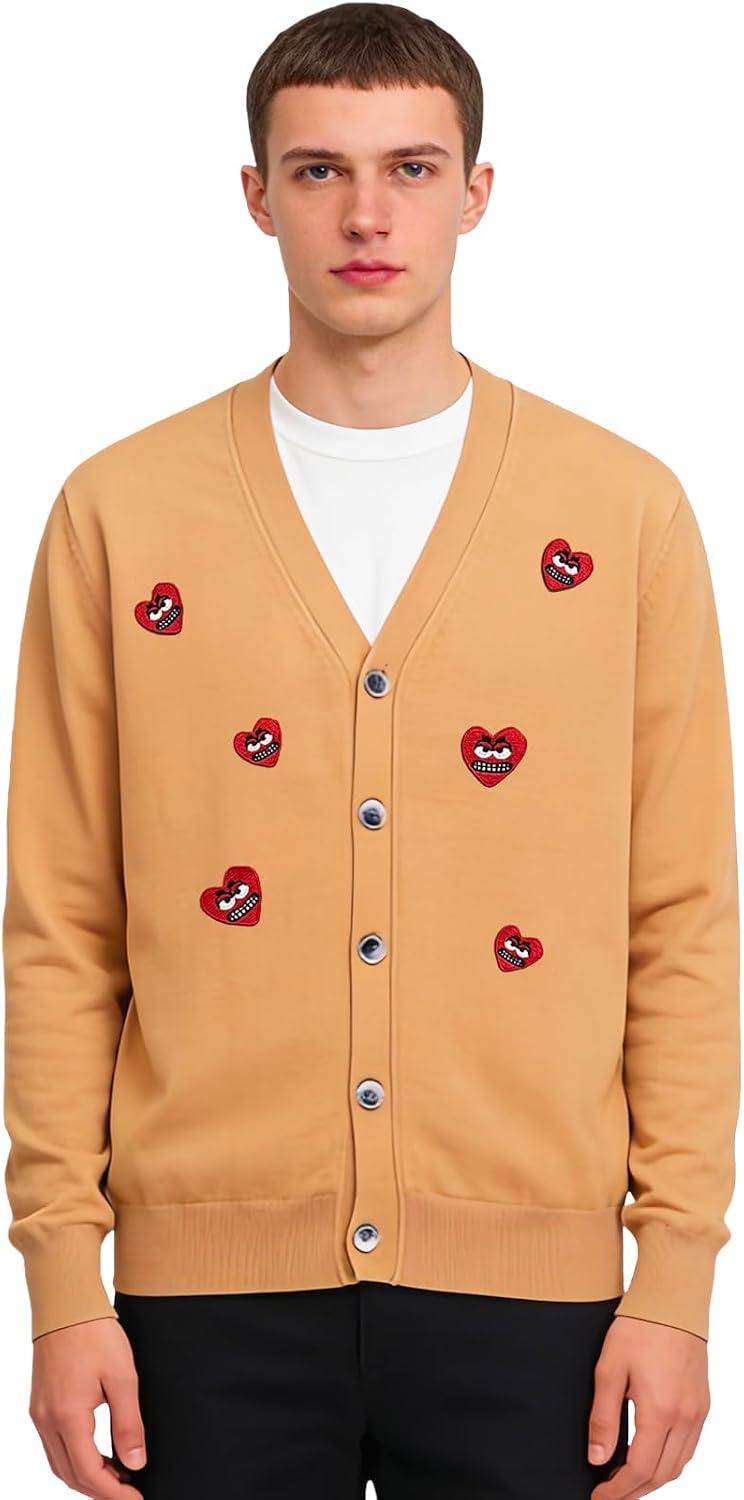 Mens Wool Blend Cardigan Handmade Fun Angry Heart Embroidery V-Neck Straight Cut Sweater Spring Fall
