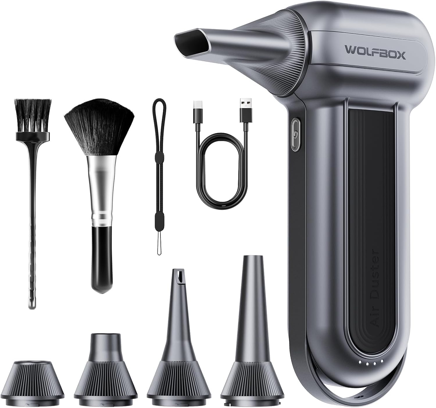 WOLFBOX MF100 Compressed Air Duster, 150000RPM Turbo Fan, 45 m/s Airflow | 3-Gear Adjustable Speed, Type-C Fast Charging, Lightweight 0.66 lb, 5 Nozzles & 2 Brushes, For Computer Keyboard Car Outdoor