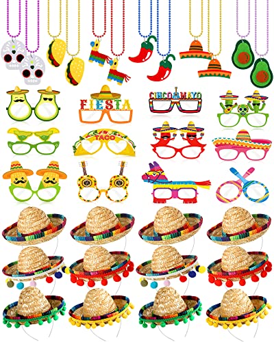 Yunsailing 36 Pcs Fiesta Party Supplies Fabric Straw Sombrero Headbands Necklaces Eyeglasses for Mexican Party (Modern Style)