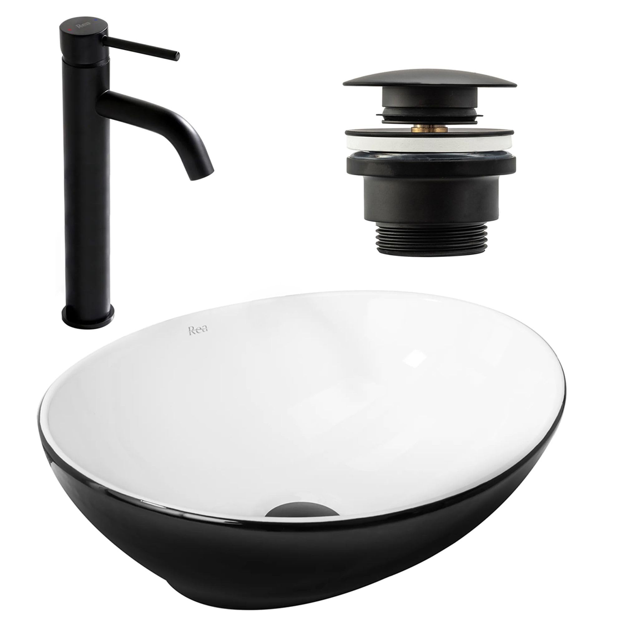 Rea Sofia Countertop Washbasin Set White Black + Long Matt Black Basin Tap + Matt Black Drain, Ideal as a Basin or Toilet Basin, Unique Design