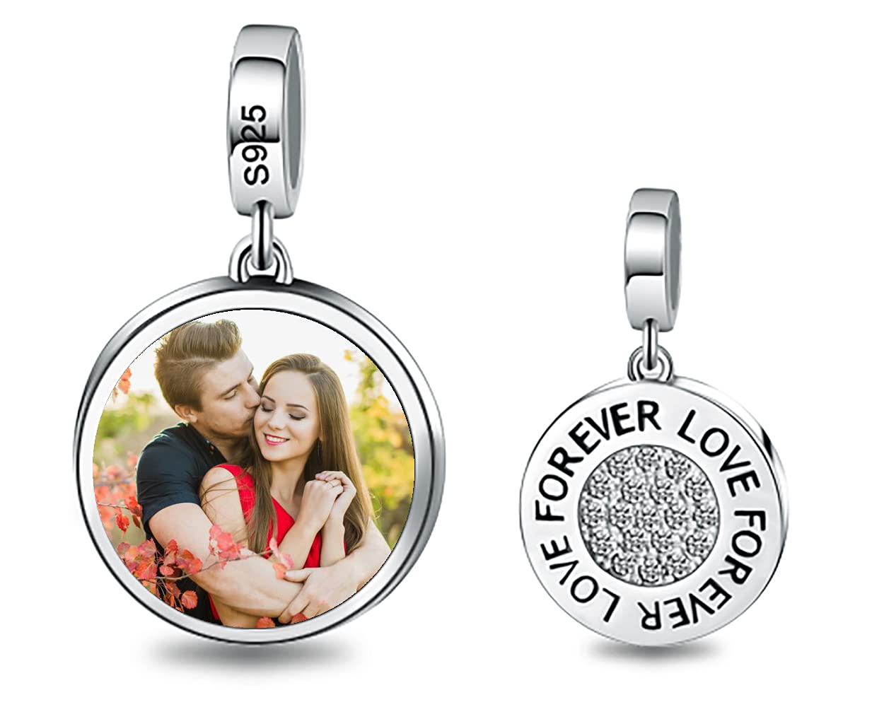 2Burned Personalised 925 Sterling Silver Photo Charm Fit Pandora Bracelet Necklace Customized Heart Round Shape Picture Bead (Forever Love Round)