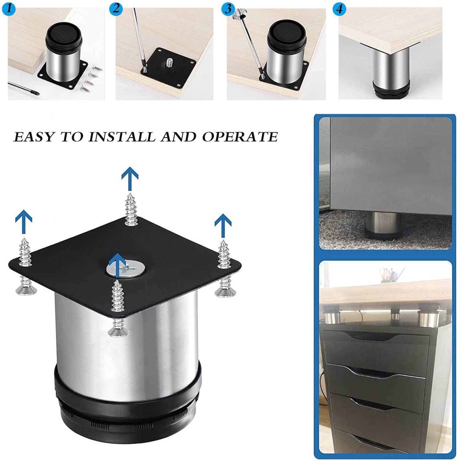 Furniture Legs 4 Pieces Table Legs Adjustable Height Bench Legs Table Legs Stainless Steel Adjustable Furniture Legs Cabinet Leg,120mm(4.72in) ()