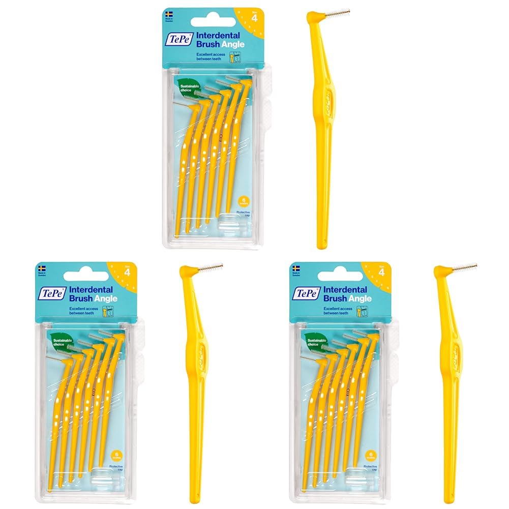 TePe Angle Interdentalbürsten Gelb (ISO Größe 4: 0,7 mm) / Kontrollierte Reinigung der Zahnzwischenräume auch an schwer zugänglichen Stellen / 1 x 6 Angle Interdentalbürsten | 6 Stück (3er Pack)
