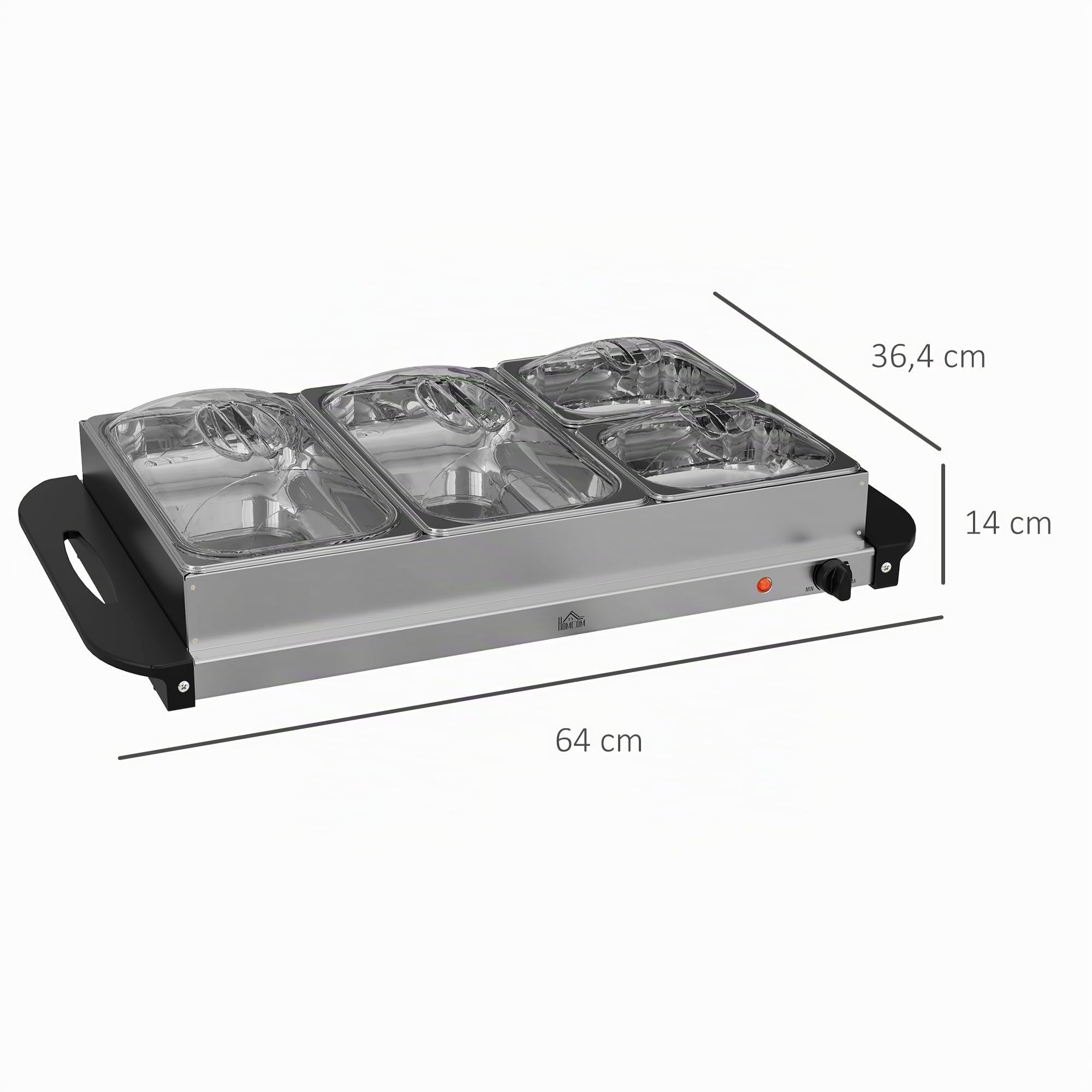 HOMCOM Calentador de Buffet 6.8L Placa caliente 300 Watt Calentador de alimentos de acero inoxidable con termostato ajustable Chafing dish for parties buffets family meals