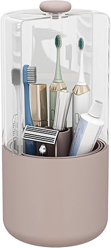 Miniatura 11 de Soporte para cepillos de dientes con tapa, rotación de 360 grados, 4 compartimentos, pasta de dientes para baño, organizador de cepillos de dientes