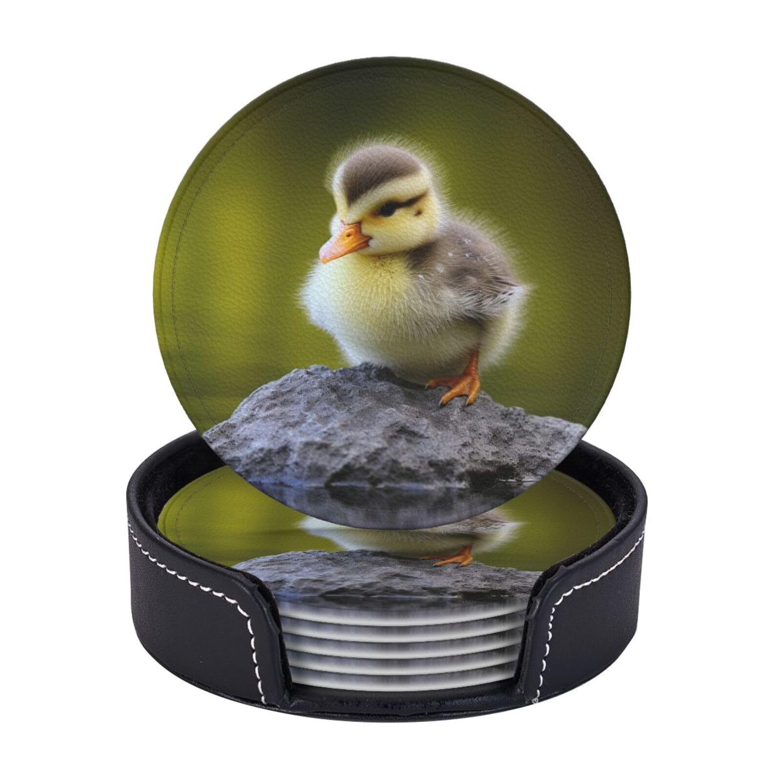 Coasters Set of 6 Leather Drink Coasters with Holder Duck on Rock Coasters for Drinks Heat Resistant Coaster Round Coffee Cup Mat Pad for Kitchen Office Home Decor