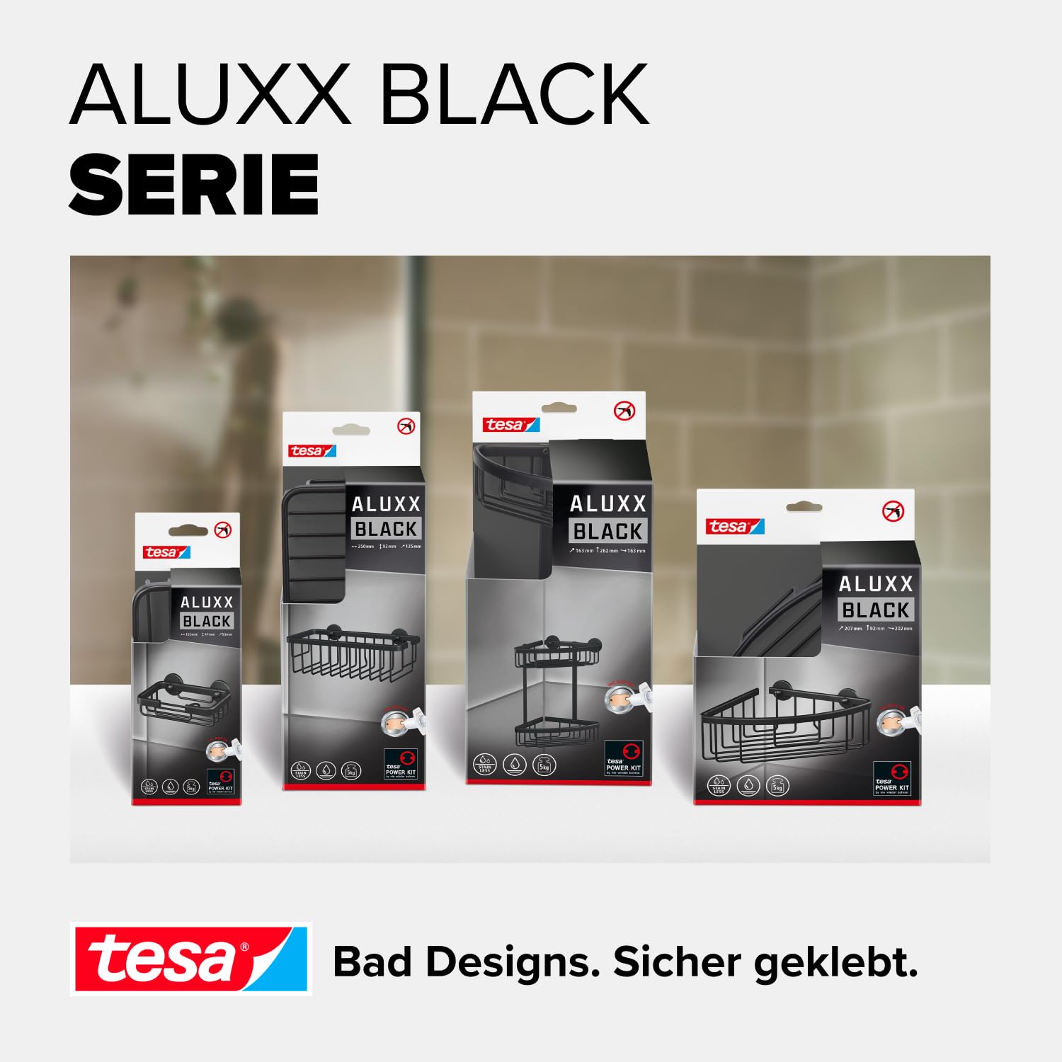 tesa ALUXX BLACK Eck-Duschablage zur Wandmontage ohne Bohren, schwarz matt - einstöckig - für Bäder im Industrial Style und moderne Badezimmer - mit Klebelösung - 192 mm x 92 mm x 200 mm