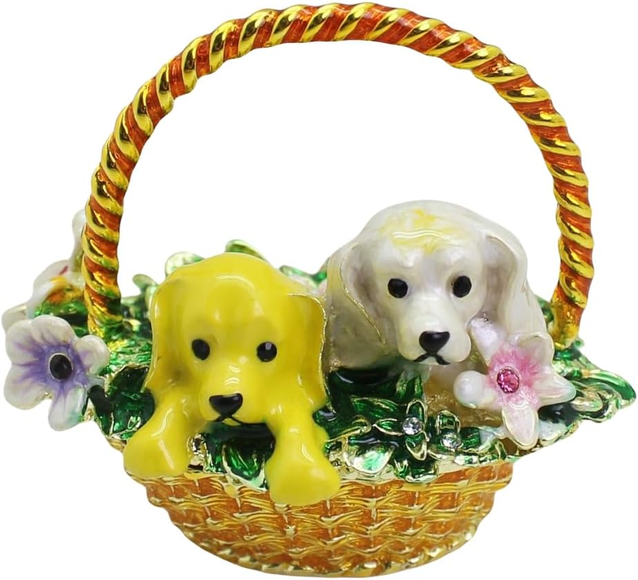 Enamel Puppy Trinket Box Hand Painted Dogs in Floral Baskets Jewelry Box for Ring Holder Collectives Decor Christmas Gifts (Yellow)