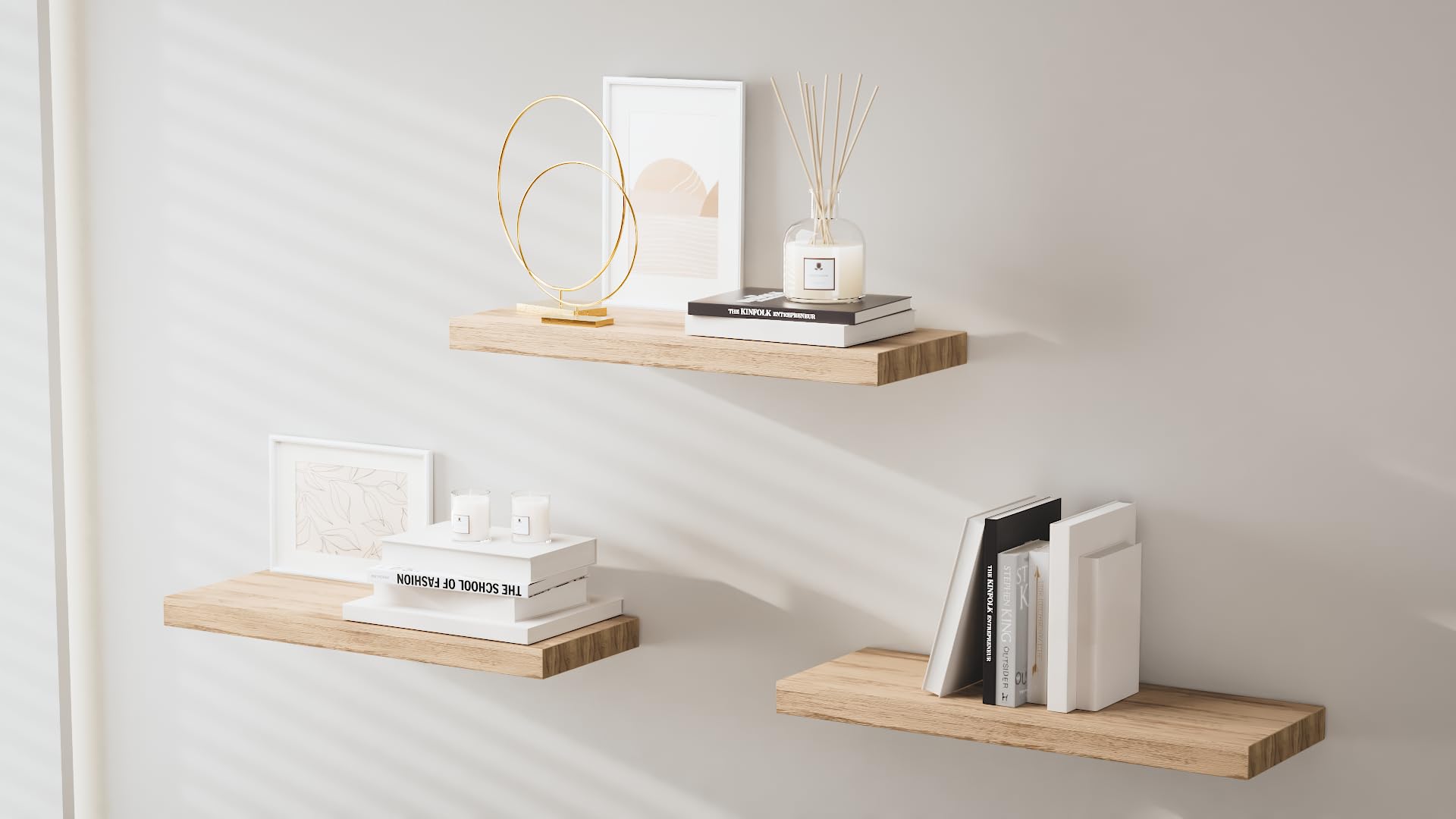 wyewye Etagere Murale Bois, Lot de 3 Étagère Murale 40 cm avec Supports Invisibles pour Chambre à Coucher, Cuisine, Salon, Bureau