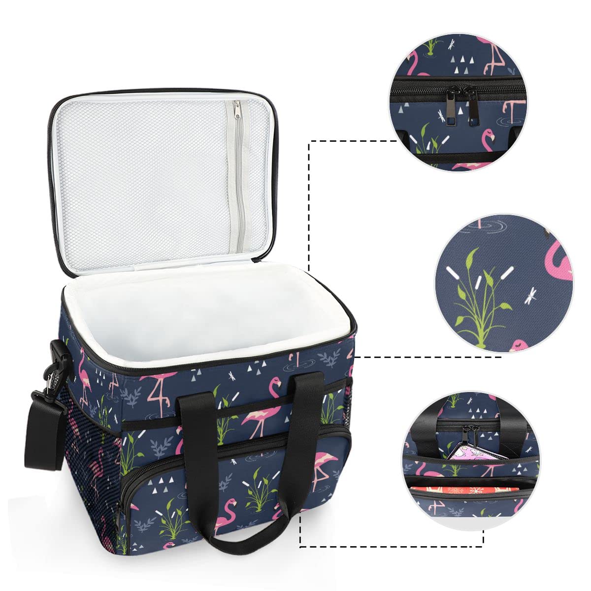 Bolsa de picnic de 15 L, 24 latas, bolsa de almuerzo aislada con flamenco, bolsas para viajes, camping, barbacoa, actividades al aire libre, asas, correa para el hombro