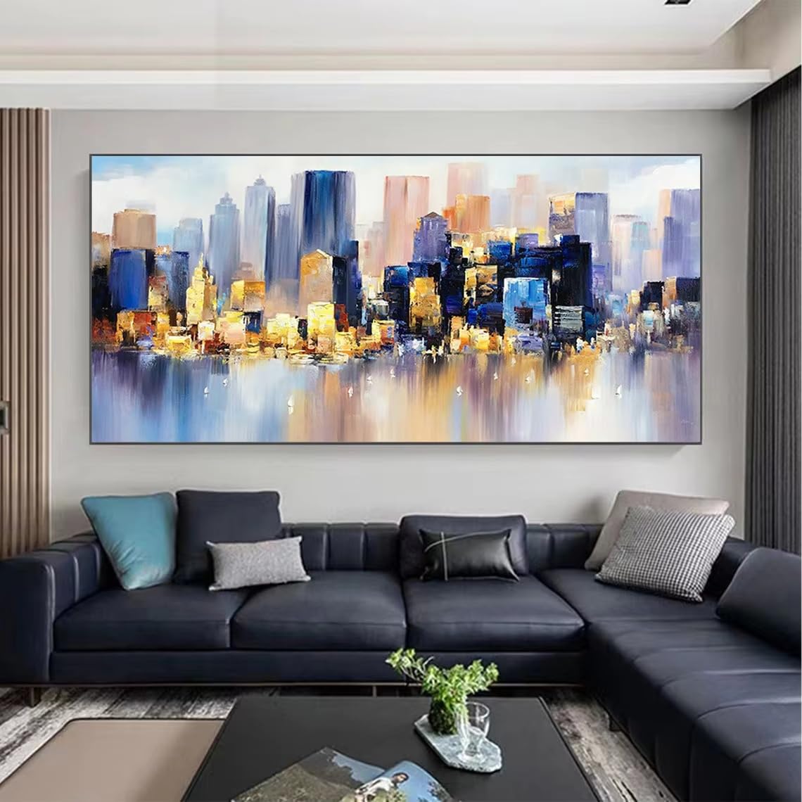 LTjiajuypd Quadro astratto su tela con paesaggio notturno colorato e skyline moderno, decorazione da parete per camera da letto e casa (70x140 cm)