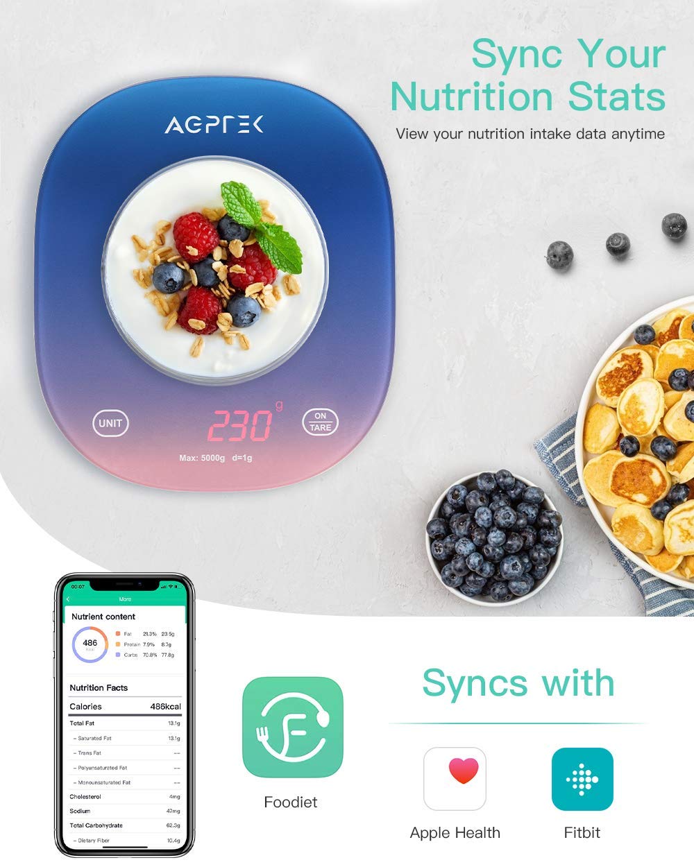 Smart Food Scale with Smartphone App, AGPTEK Digital Kitchen Scale Measures in Grams, Ounces and Pounds, Food Nutritional Calculator for Weight Loss, Baking, Cooking, Coffee, Dark Blue