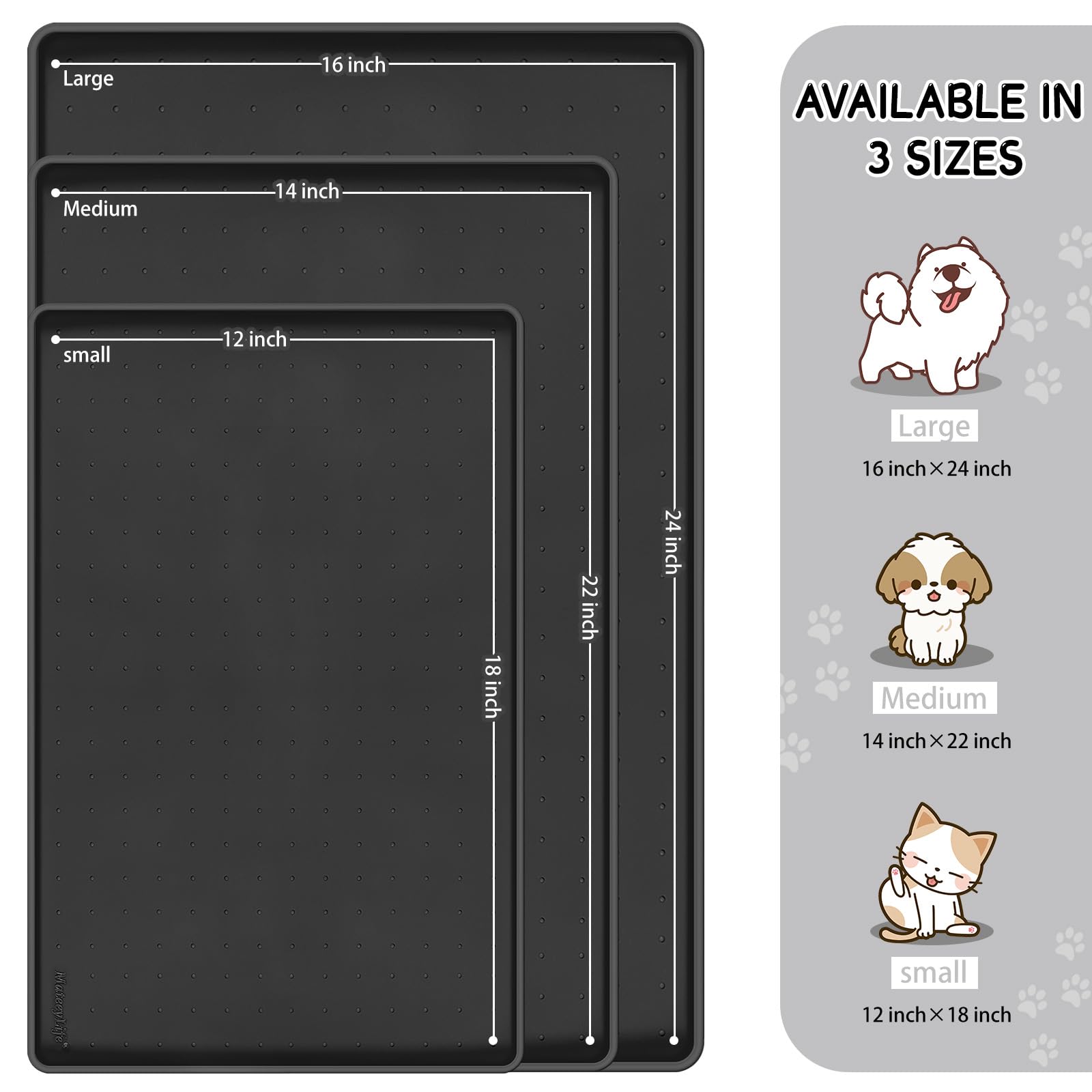 MateeyLife Silicone Cat & Dog Food Mat for Floors Waterproof, Anti-Slip Dog Bowl Mats for Food and Water, Pet Feeding Tray with Lip to Prevent Spills, Pet Placemat for Messy Drinkers to Protect Floor 18''×12'' Black - 1