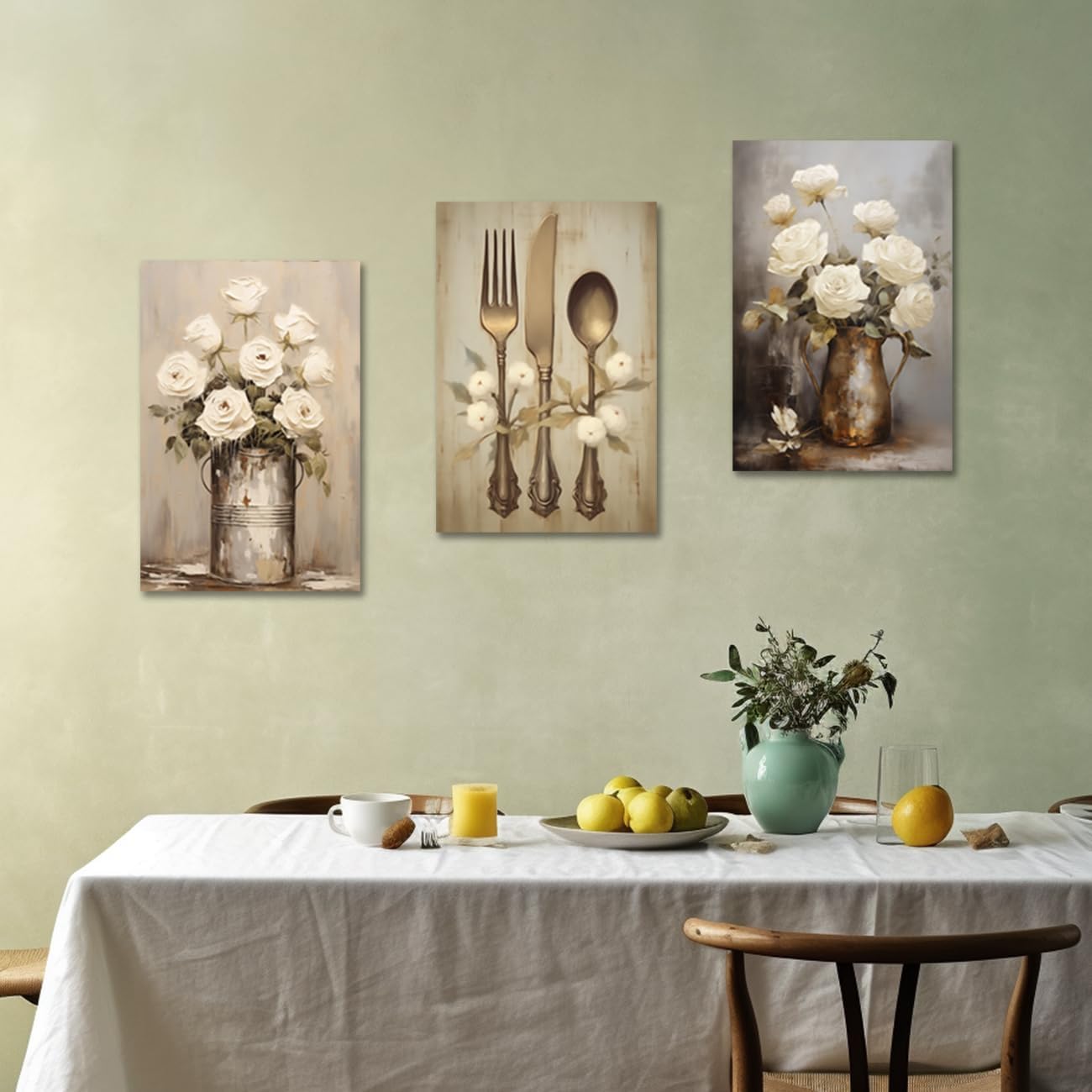 CXHOSTENT Farmhouse Kitchen Wall Art 3 Piece Rustic Flower Canvas Prints Country Tableware Pictures Wall Decor Vintage Kitchen Framed Artwork (11.00"x14.00"x3P)