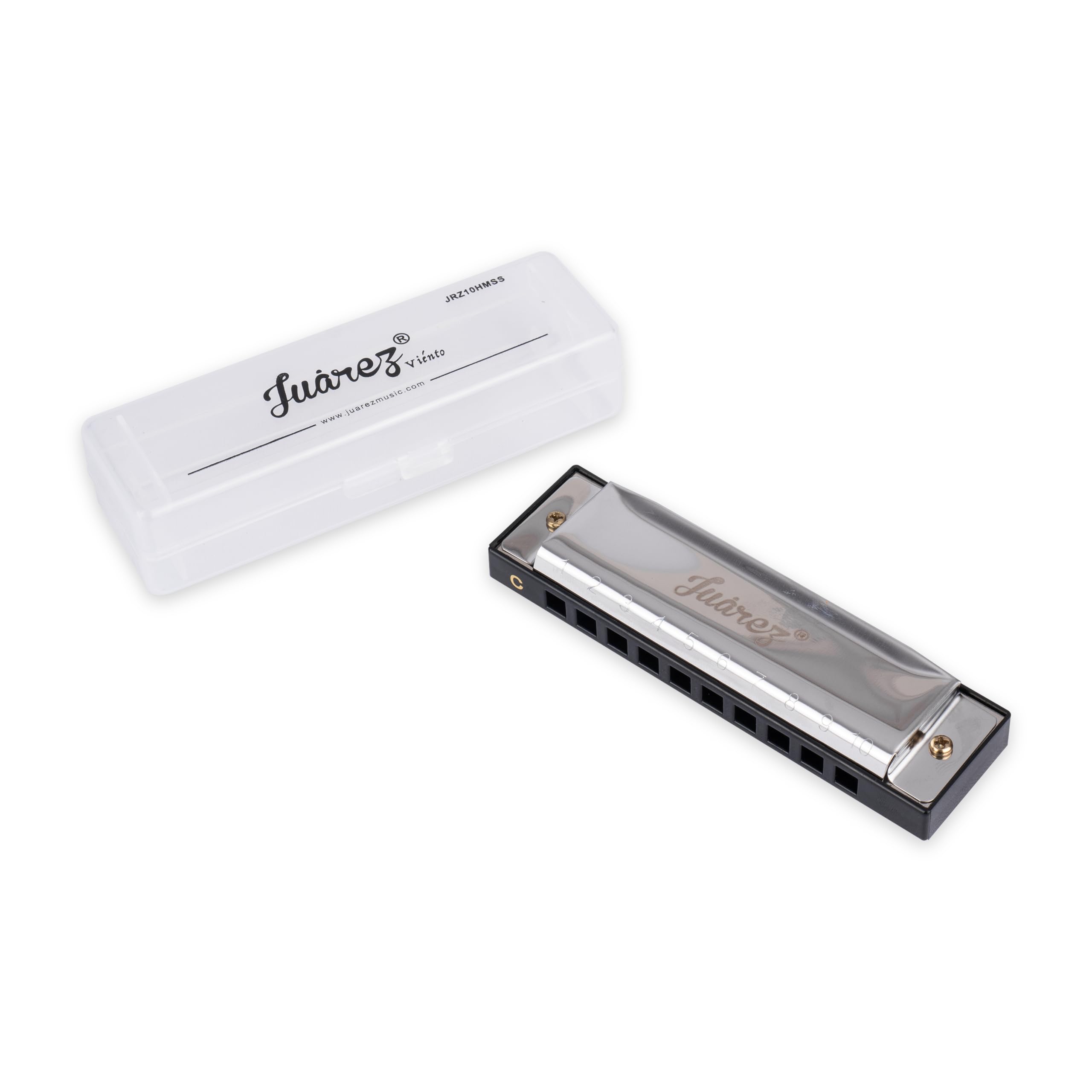 juarez jrz10hmss diatonic blues harmonica, key of c, 10 holes, 20 tones, stainless steel reed mouth organ, with protective case, for beginners, students & professionals, silver