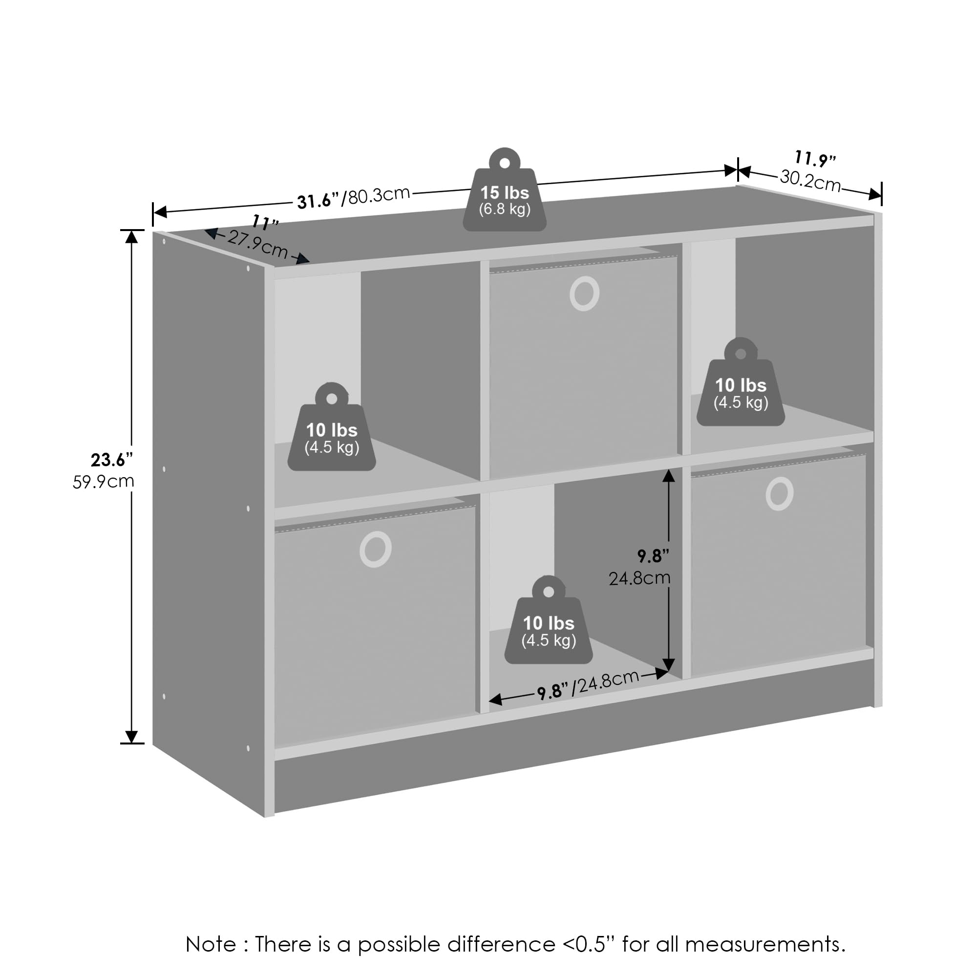 Furinno Cubic Multipurpose Clothing & Closet Storage Organizer Shelf with Bin Drawers, 6-Cube, Columbia Walnut/Dark Brown