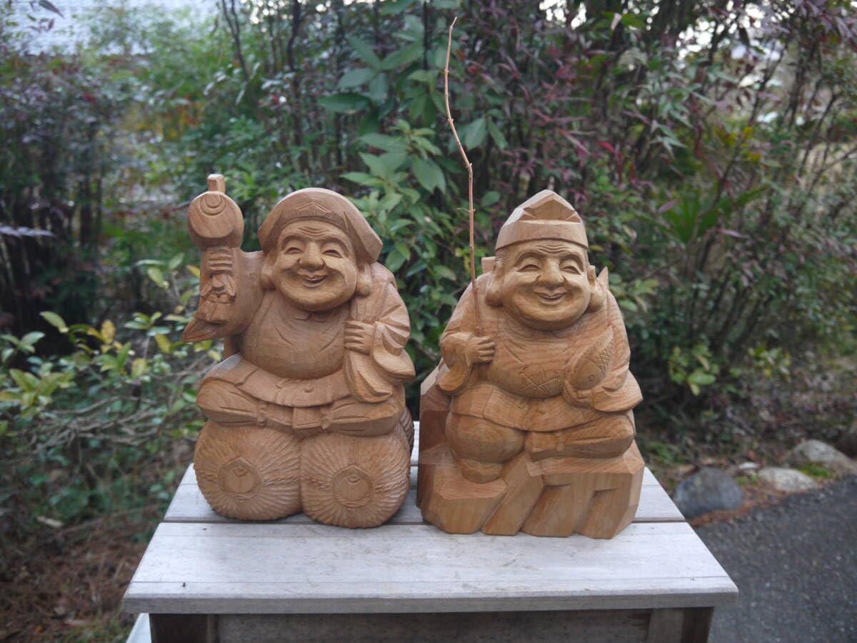 Amazon.co.jp: 【4Mar01○O】岳堂作○木彫恵比寿大黒置物○高さ○約