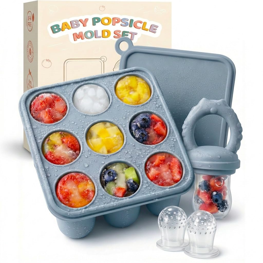 Alimentador de frutas para bebés y moldes para paletas de leche materna, bandeja de silicona para congelar alimentos para enfriar la dentición, alimentador de alimentos para bebés para una (Blue)