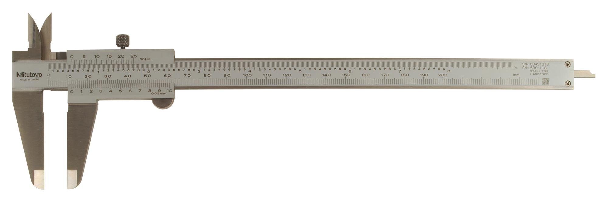 530-118 Vernier Calipers, Stainless Steel, for Inside, Outside, Depth and Step Measurements, Metric, 0/0mm-200mm Range, -0.03mm Accuracy, 0.02mm Resolution, 50mm Jaw Depth by Mitutoyo