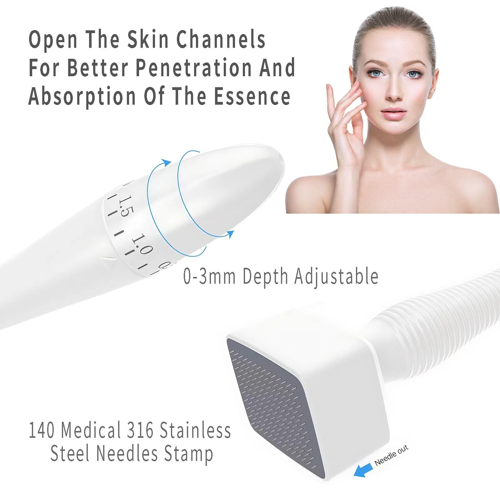 Derma Stamp, Dermastamp Regolabile 0-3mm 140 Titanio Aghi Professionale, Microaghi Pen Derma Roller per Viso e Capelli, Uso Domestico e Professionale per Uomini e Donne