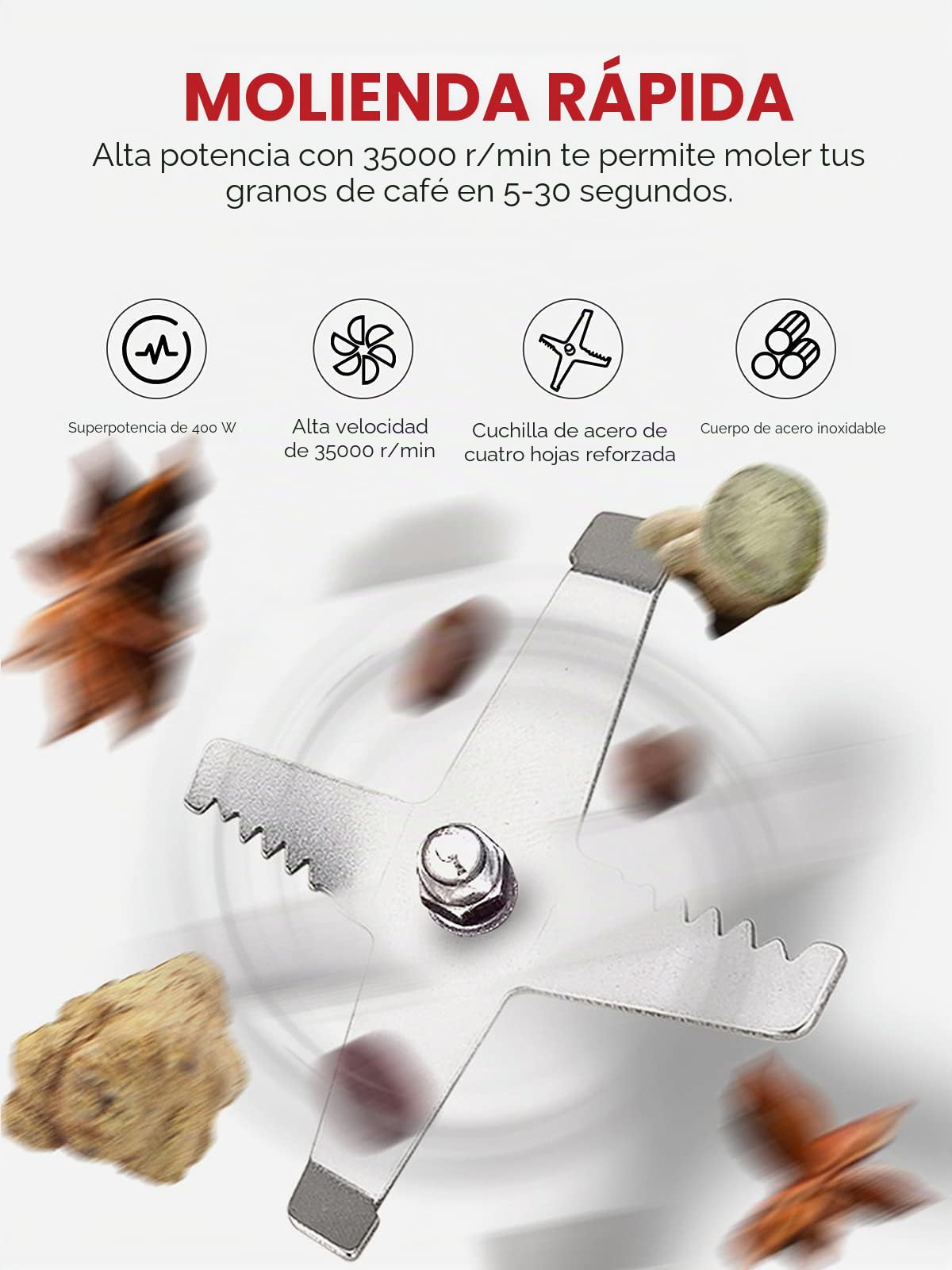 Moongiantgo Molino Multifuncional 400W 35000rpm, Molinillo de Cereales, Café y Especias de Acero Inoxidable, OPEN-COVER-STOP Diseño de Seguridad, para Material Seco, Granos, Especias, Hierbas, café