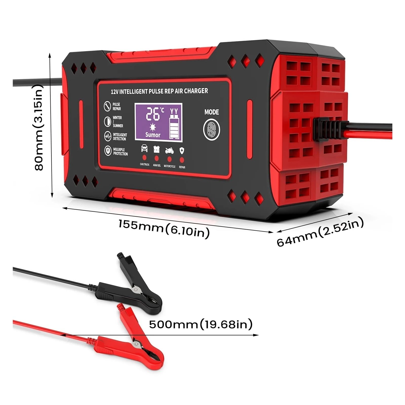 Cargador de Bateria, Cargador inteligente for baterías de coche de 12 V, mantenedor de baterías for motocicleta con pantalla LCD
