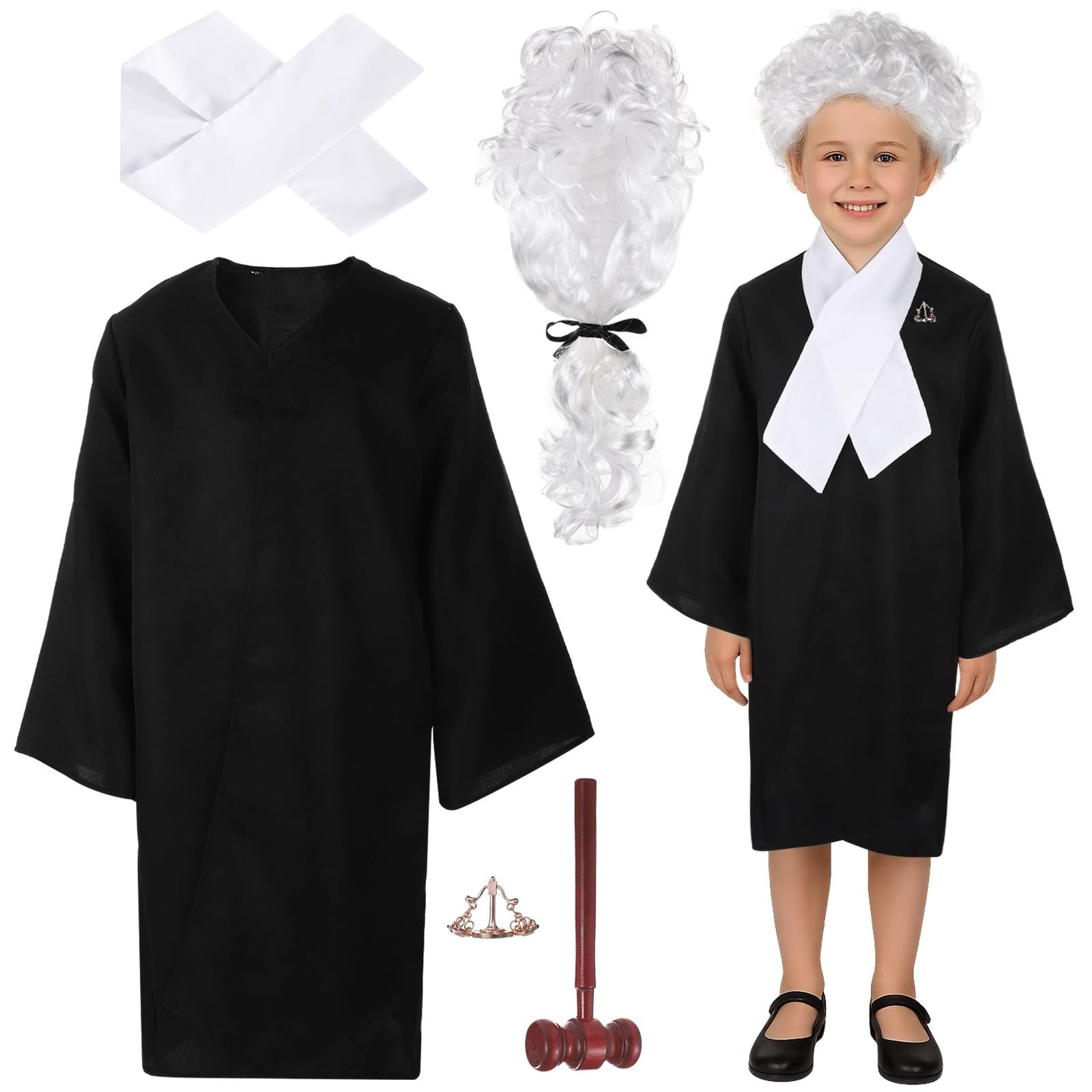 Zestaw kostiumów autentyczna peruka sędzia szlafrok drewniany młotek, realistyczne akcesoria do cosplay, dla maluchów, kompletne przebranie tematyczne, imprezy halloweenowe dla