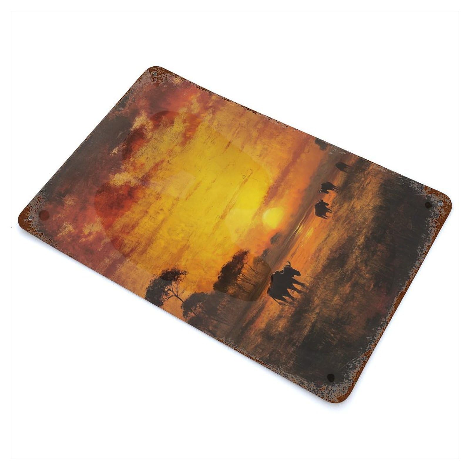 Garage Style African Sunset with Wildebeest Rusty Metal Tin Sign 11.8"x7.9", Farmhouse Wall Decor for Bar And Workshop