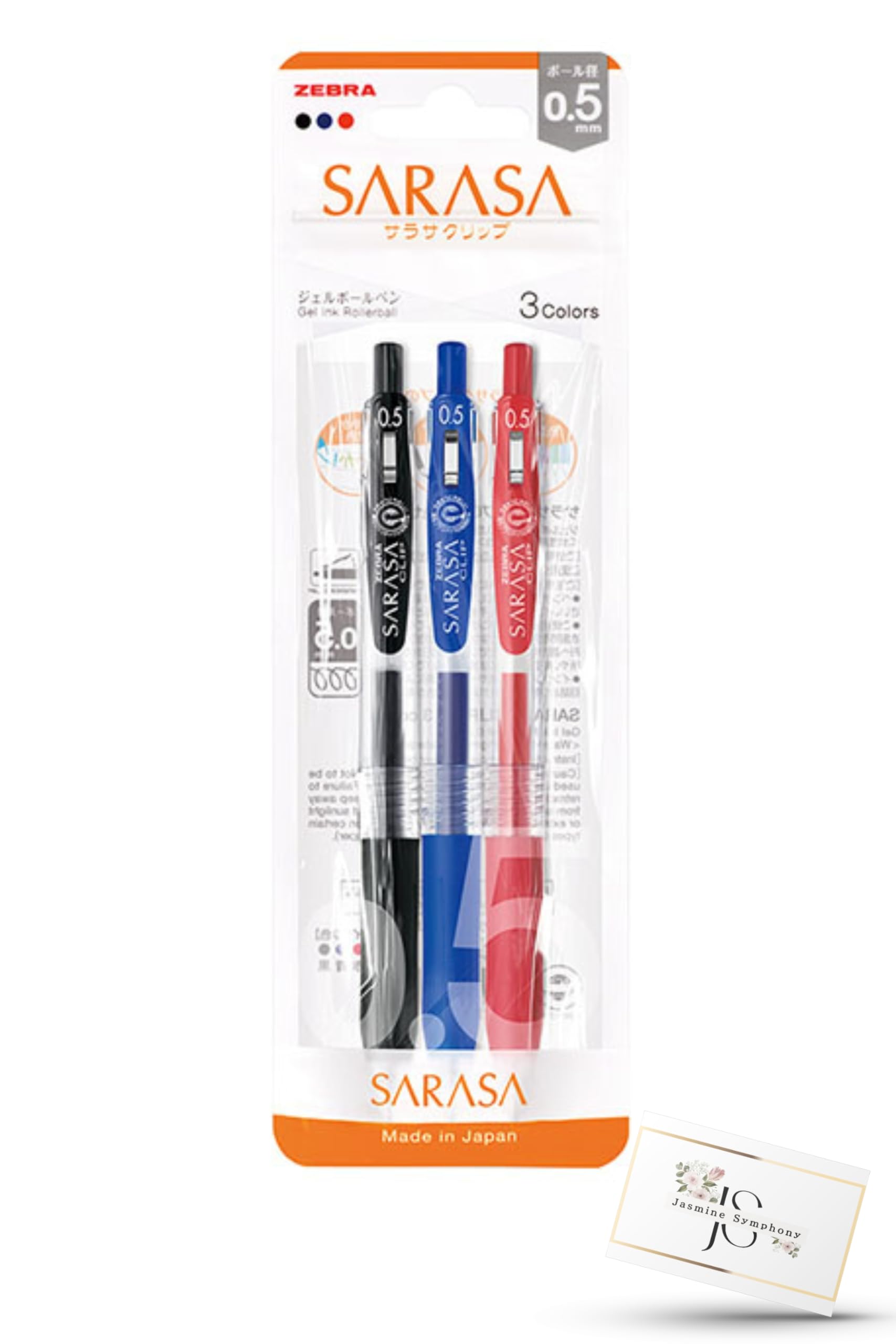 Zebra ZEBRA Sarasa Clip Gel Ballpoint Pen, 0.02 inches (0.5 mm), Set of 3 Colors (1 Each Black, Blue, and Red), 3 Colors JJ15-3C-N Jasmine Symphony Original Indexcard Included