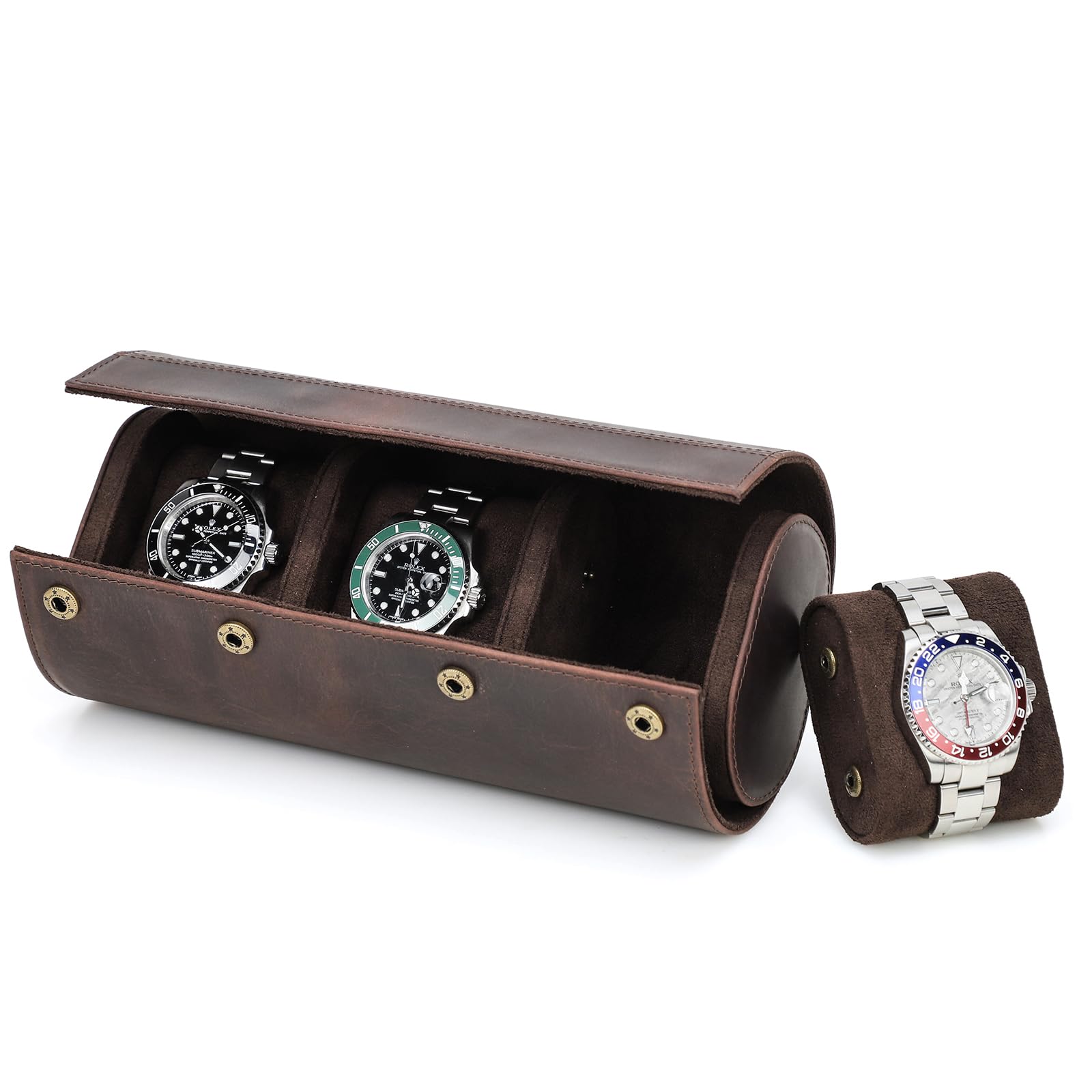 HVMBEUGOS Watch Storage Box, Genuine Leather 3 Slot Watch Protective Roll Case, Organizer for Jewelry Watch with Removable Cushion Pillows (Coffee)