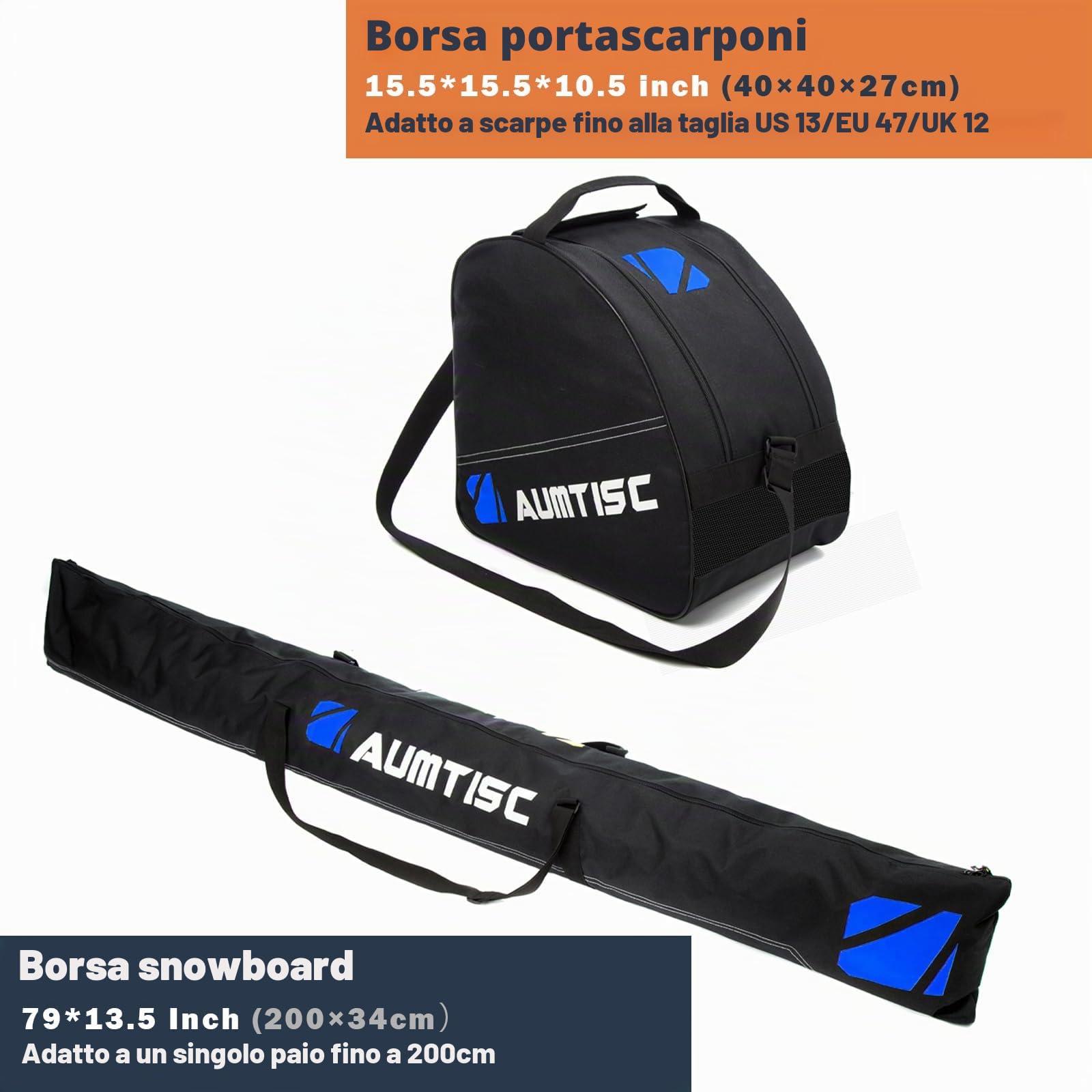 AUMTISC Borsa per Kit da Sci - Borsa per Scarponi Combinata e Imbottita per 1 Paio di Scarponi - Borsa da Sci Regolabile Fino a 200 cm