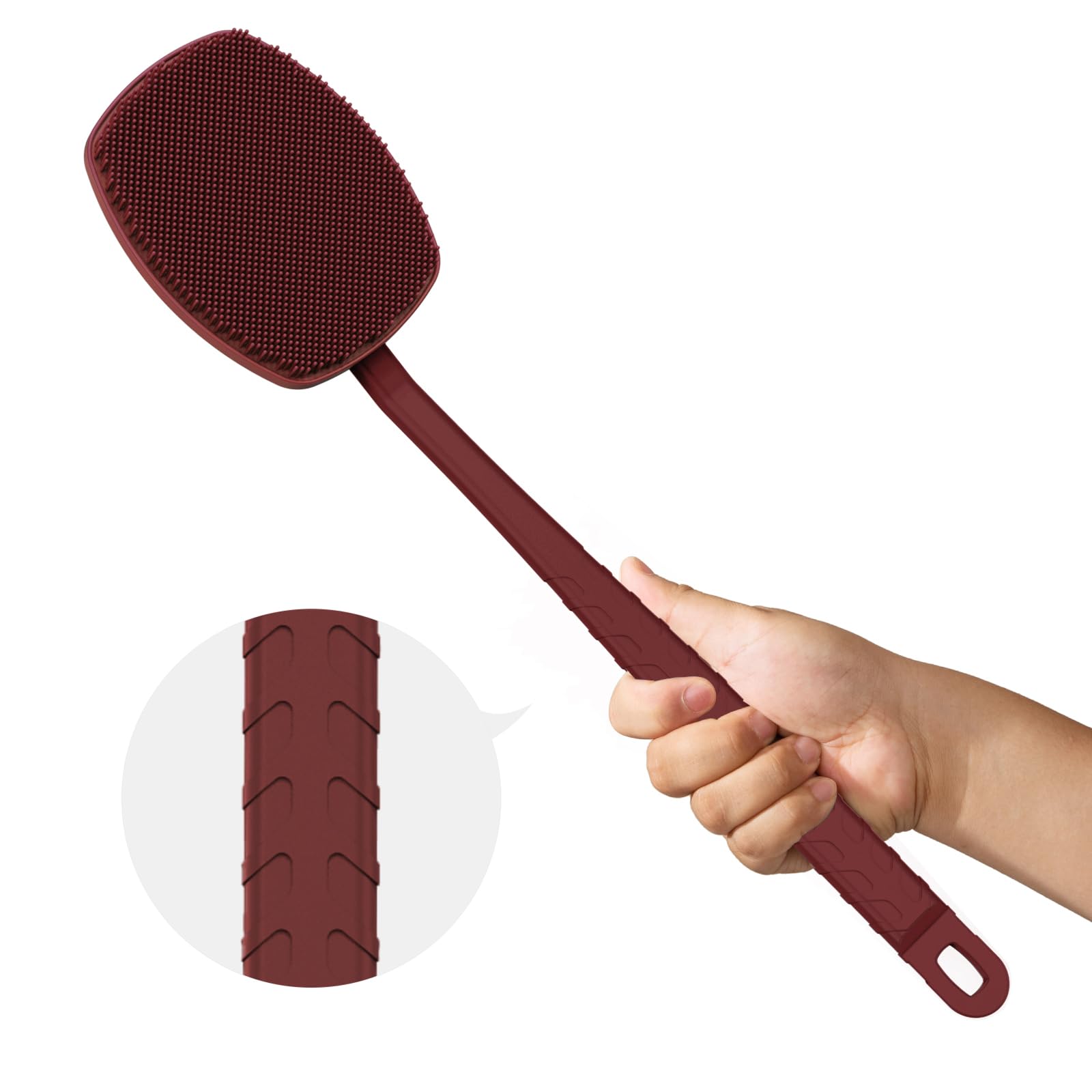 iTOKGOKSilicone Back Scrubber with Tire Anti-Slip Long Handle for Shower,Back Brush for Women and Men (Burgundy)