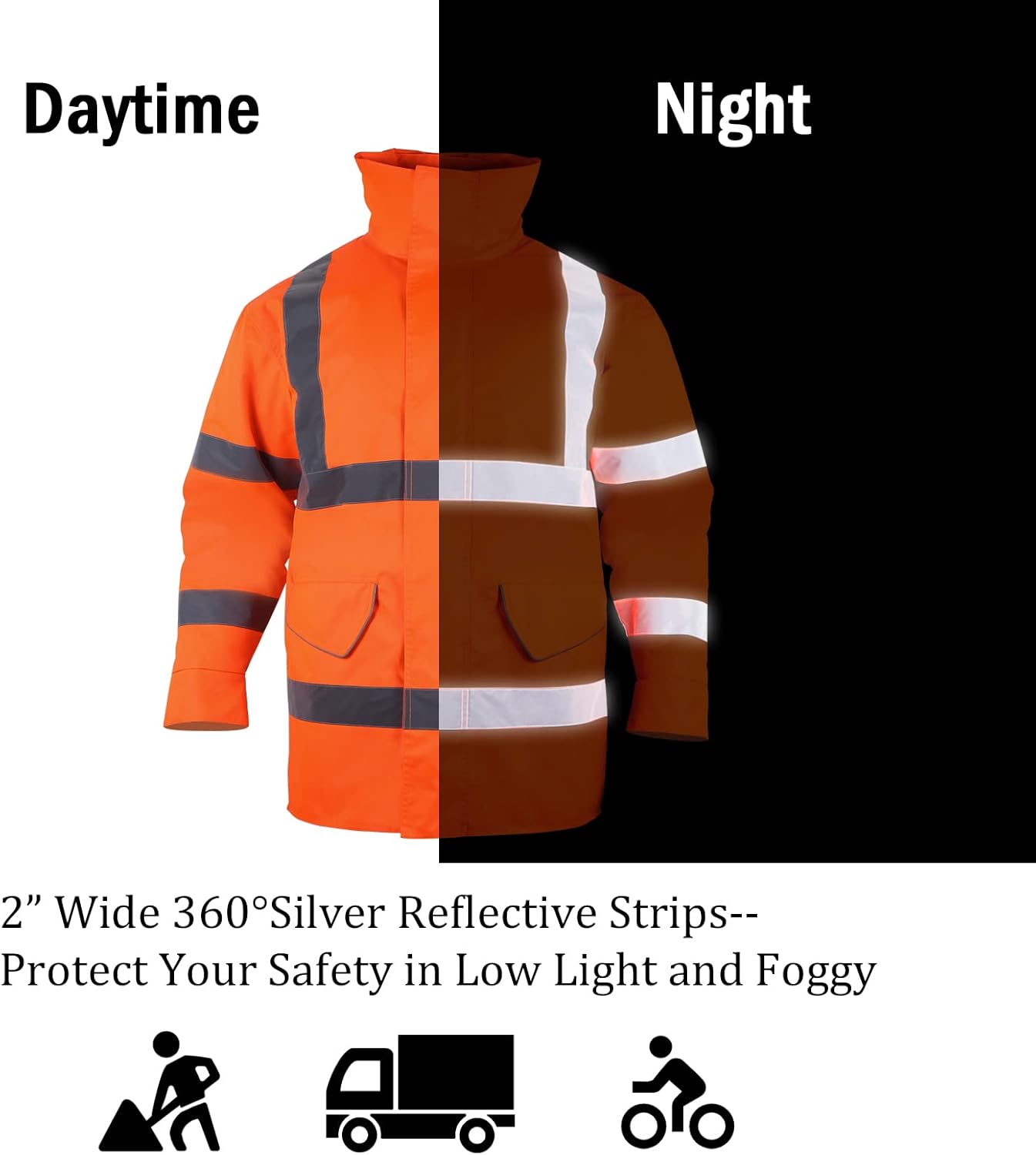 VENDACE High Visibility ANSI Class 3 Safety Reflective Long Jacket Coat for Men Waterproof Hi Vis Winter Jacket (Orange,S) - - 