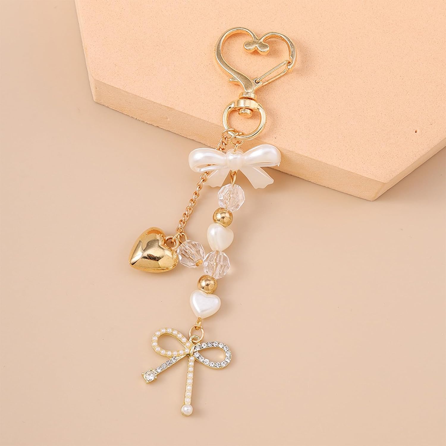 Angyape Cute Bow Keychain Heart Keychain Gold Bag Charms for Handbags Beaded Purse Charms Accessories Elegant Gifts for Women - Image 5