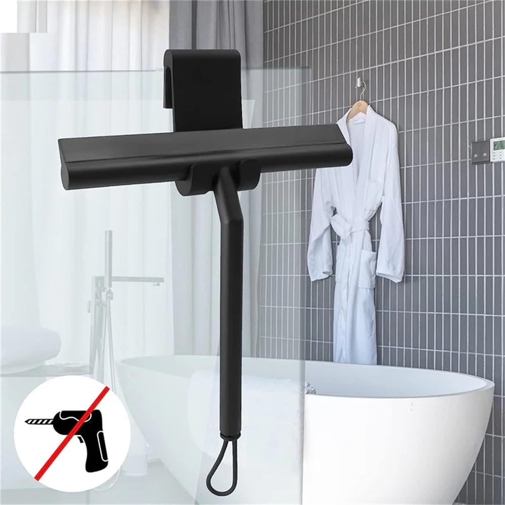 Limpiador de Ducha de Silicona Premium: limpiacristales de Mango Largo para baño y Espejos, Negro con Gancho, 21 x 26,5 x 3,5 cm, Herramienta limpiadora sin Marcas.
