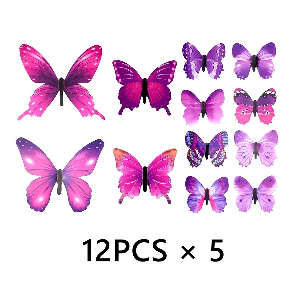 60 szt. motyl naklejki ścienne - 3D motyle dekoracja na ścianę usuwalne naklejki ścienne dekoracja domu pokój dziecięcy sypialnia wystrój (fioletowy)