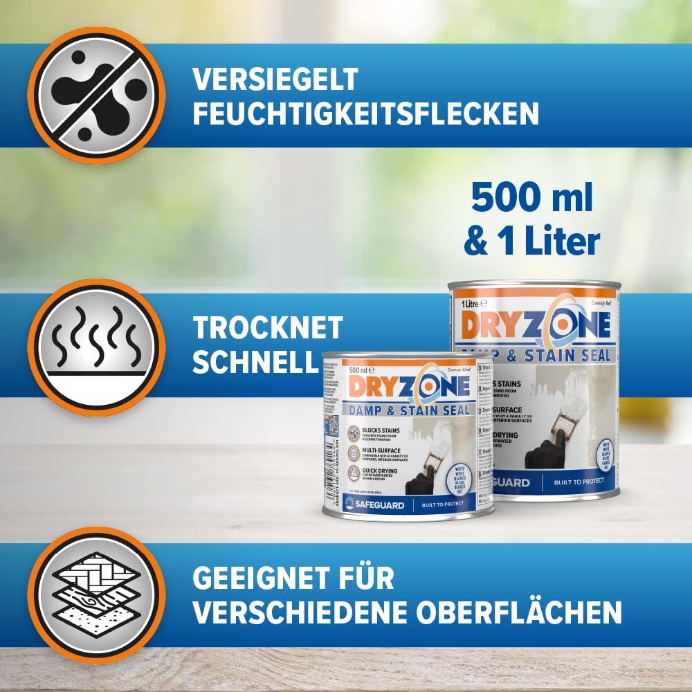 Dryzone Feuchtigkeits und Flecken Blocker - Isolierweiß (500 ml) - Fleckenblocker, Isoliergrund, hochdeckende Wandfarbe für Zement, Stein, Mörtel