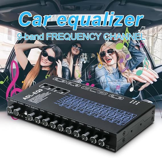9-Band Car Audio Equalizer with Adjustable Frequency | Graphic EQ with Front, Rear & Sub Outputs | 8V RMS Line Driver | Compatible with Car & Boat - CD/AUX Input & White Light Illumination (EQ9)