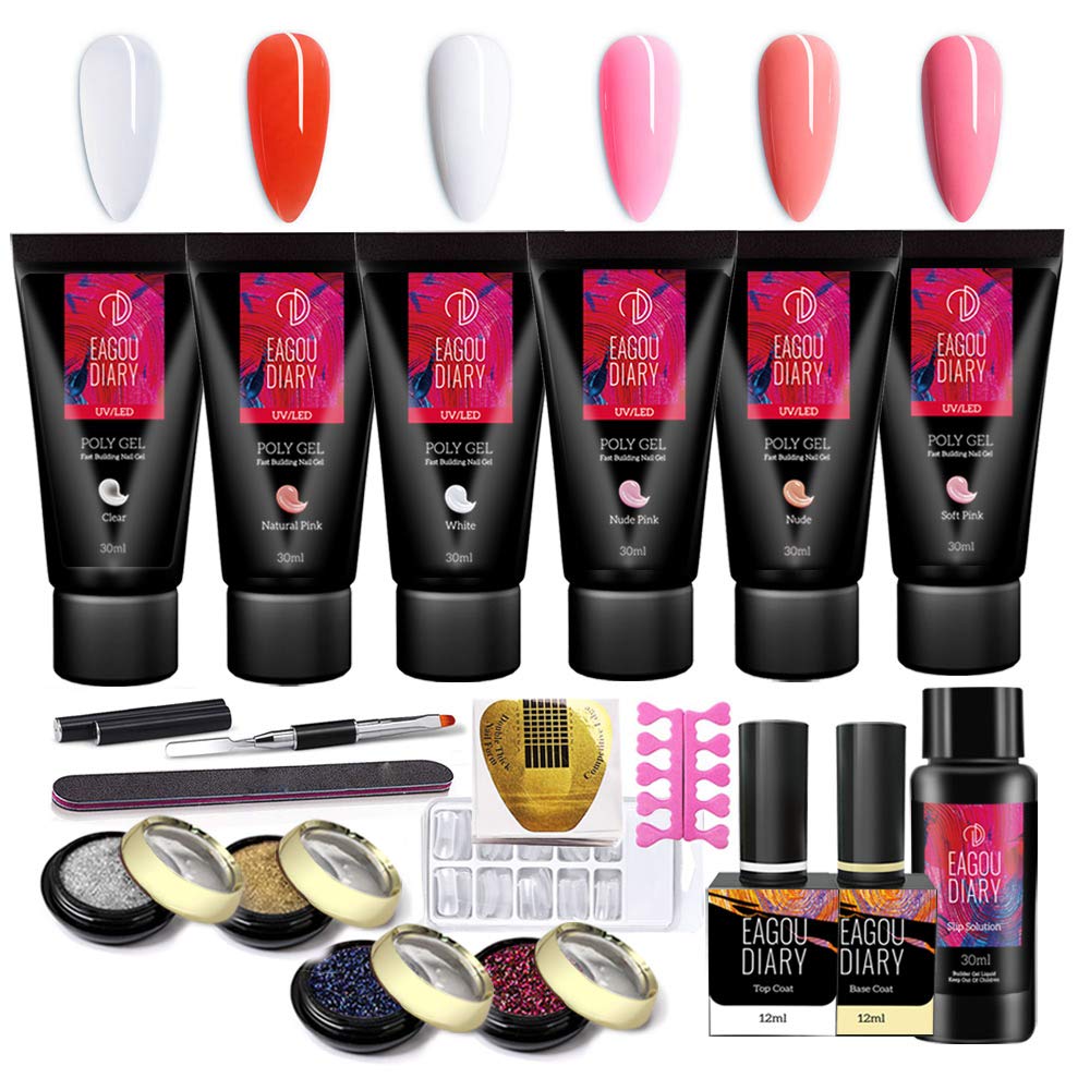 Polygel Nail Polishning Kit With Mirror Glitter Powder Top Coat And Base Coat,Enhancement Builder Gel Nail Extension Gel,White Gel Nail All-in-One Nail Technician for Starter Art Kit