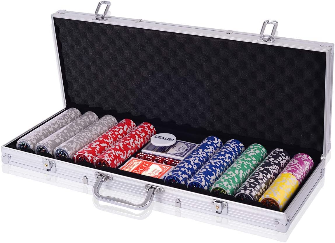 COSTWAY Zestaw żetonów pokerowych 300szt laserowych 11,5g karty pokerowe 5 kości aluminiowe etui Texas Holdem srebrna