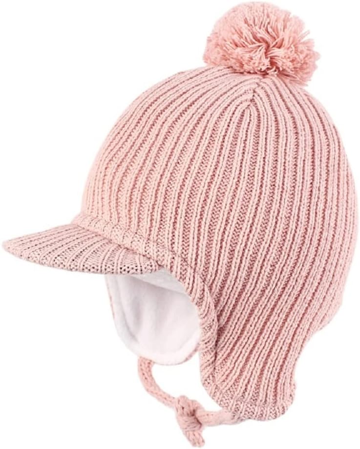 VIDI Baby Toddler Infant Kids Autumn and Winter Visor Knitted Hat Fleece Lined Warm Earflap Beanie Cap for Boys Girls Black